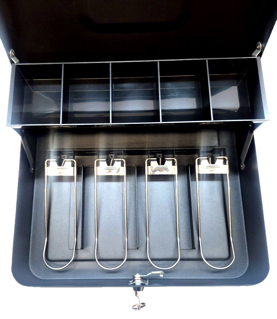 Solid Steel Cash Box With Key Lock And Tiered Tray For Secure Storage