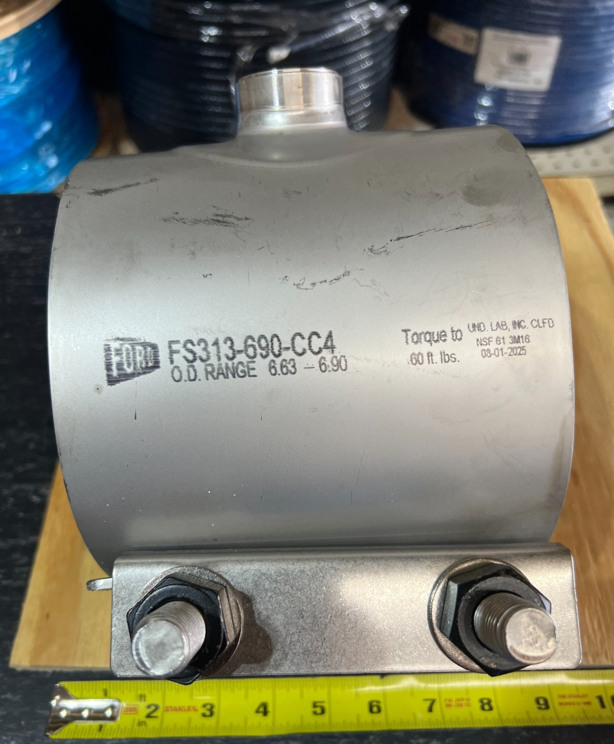 6″ x 1″ Ford Meter Box CC Single Strap Saddle 304 Stainless Steel FNPT Outlet