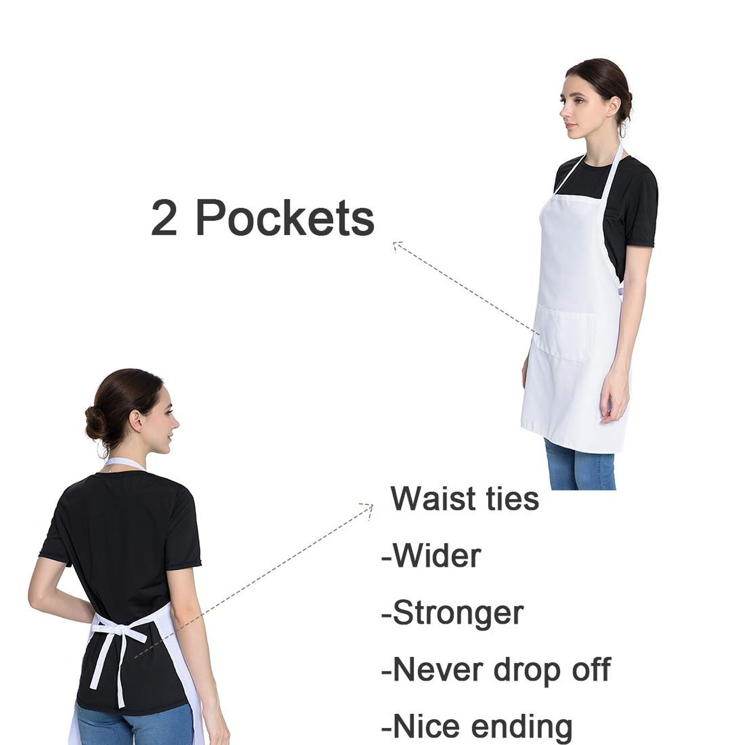 Total 6PCS White Apron for Women Adult Unisex Plain Color Bib aprons with 2 F…
