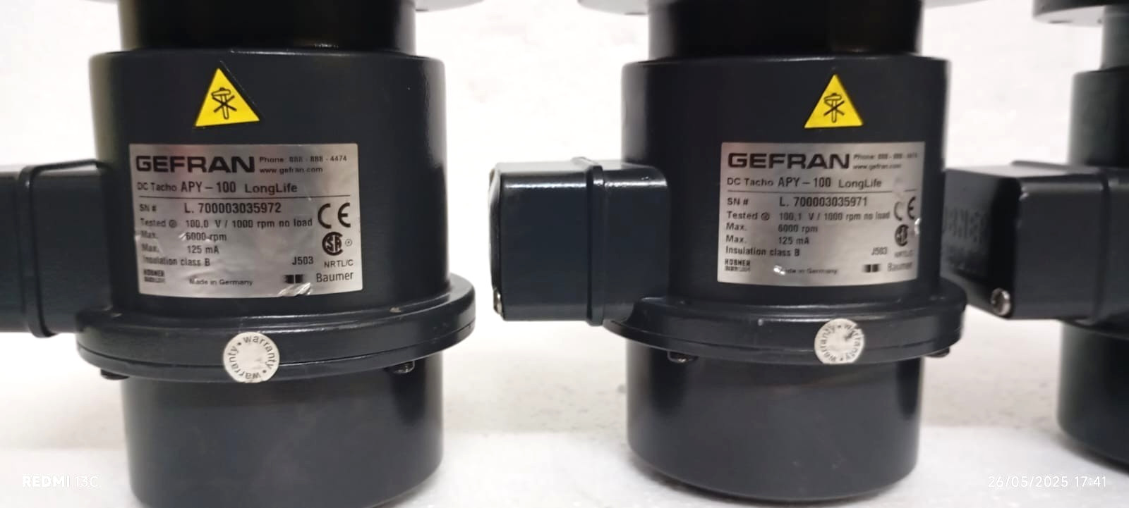 Hübner Berlin Gefran APY-100 DC Tachometer Generator, 100V / 1000 RPM, IP55