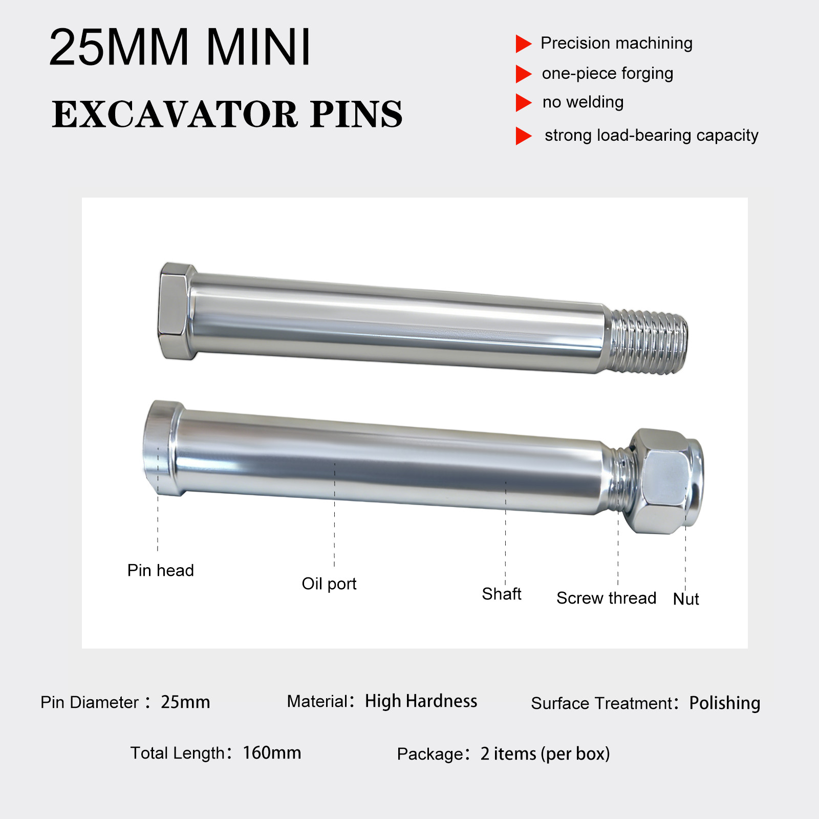 25mm Mini Excavator Pin 2Pcs Heavy Duty For Mini Digger Boom Dipper Stick Bucket