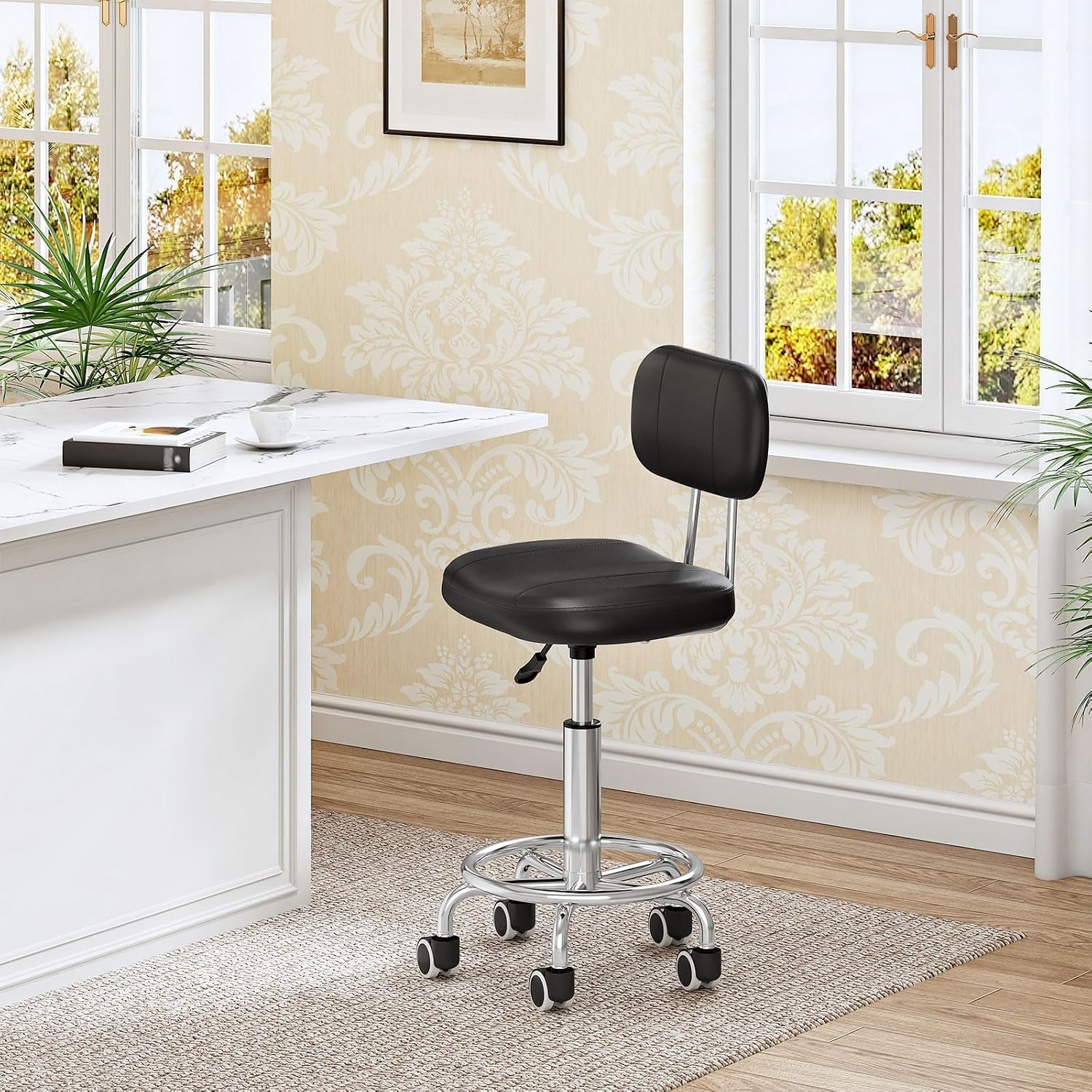 Height Adjustable Rolling Drafting Chair with Backrest 360 Swivel Office Stool