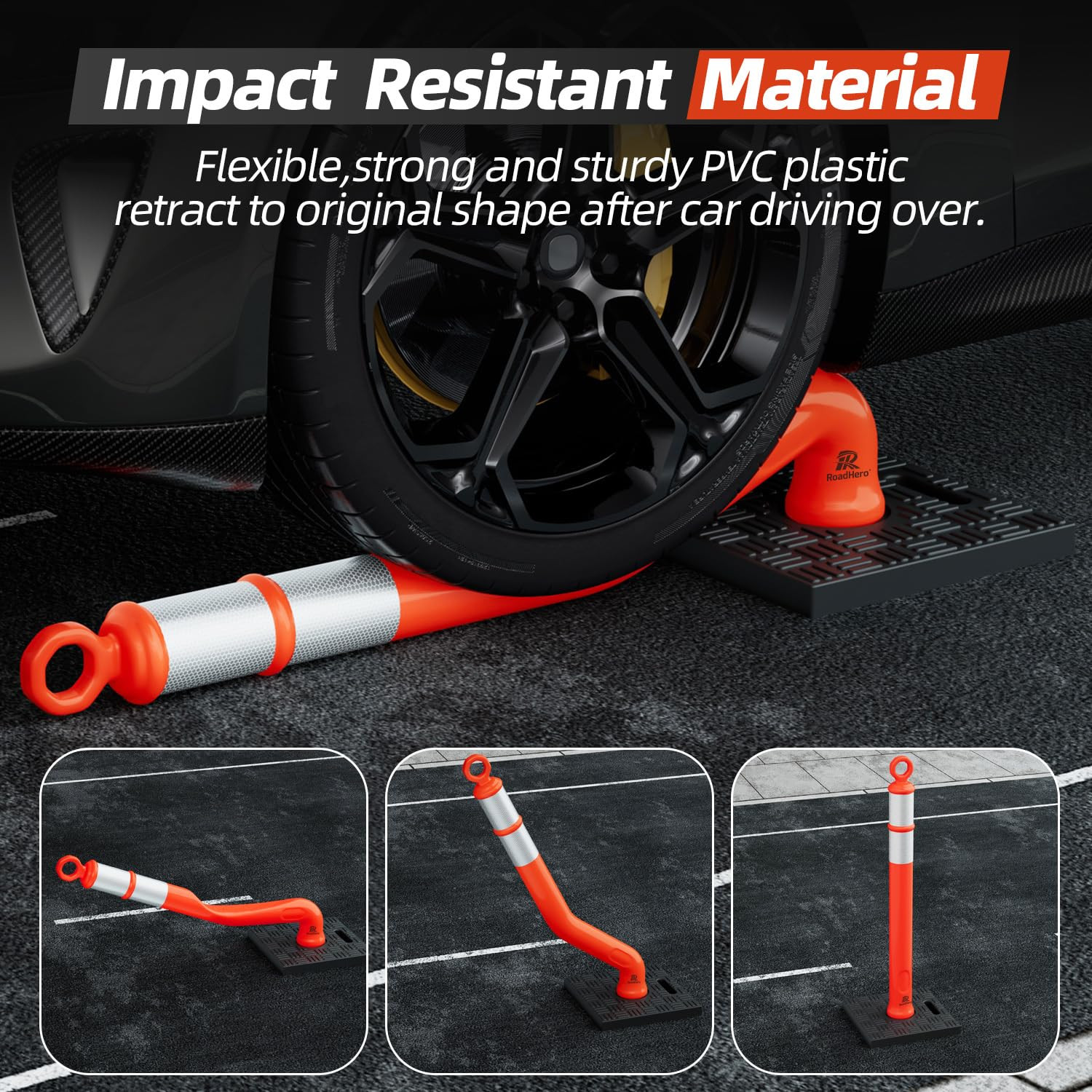 42 Inch Orange Traffic Delineator Post Cones with Base, 6 Pack | Portable Safety