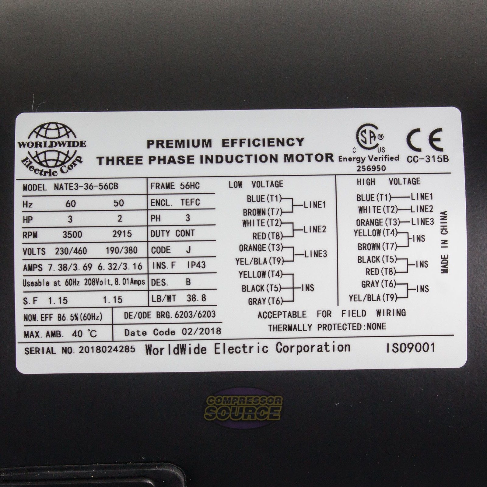 3 HP Electric Motor 3 Phase 56HC Frame 3600 RPM TEFC 208 230V 460 Volt