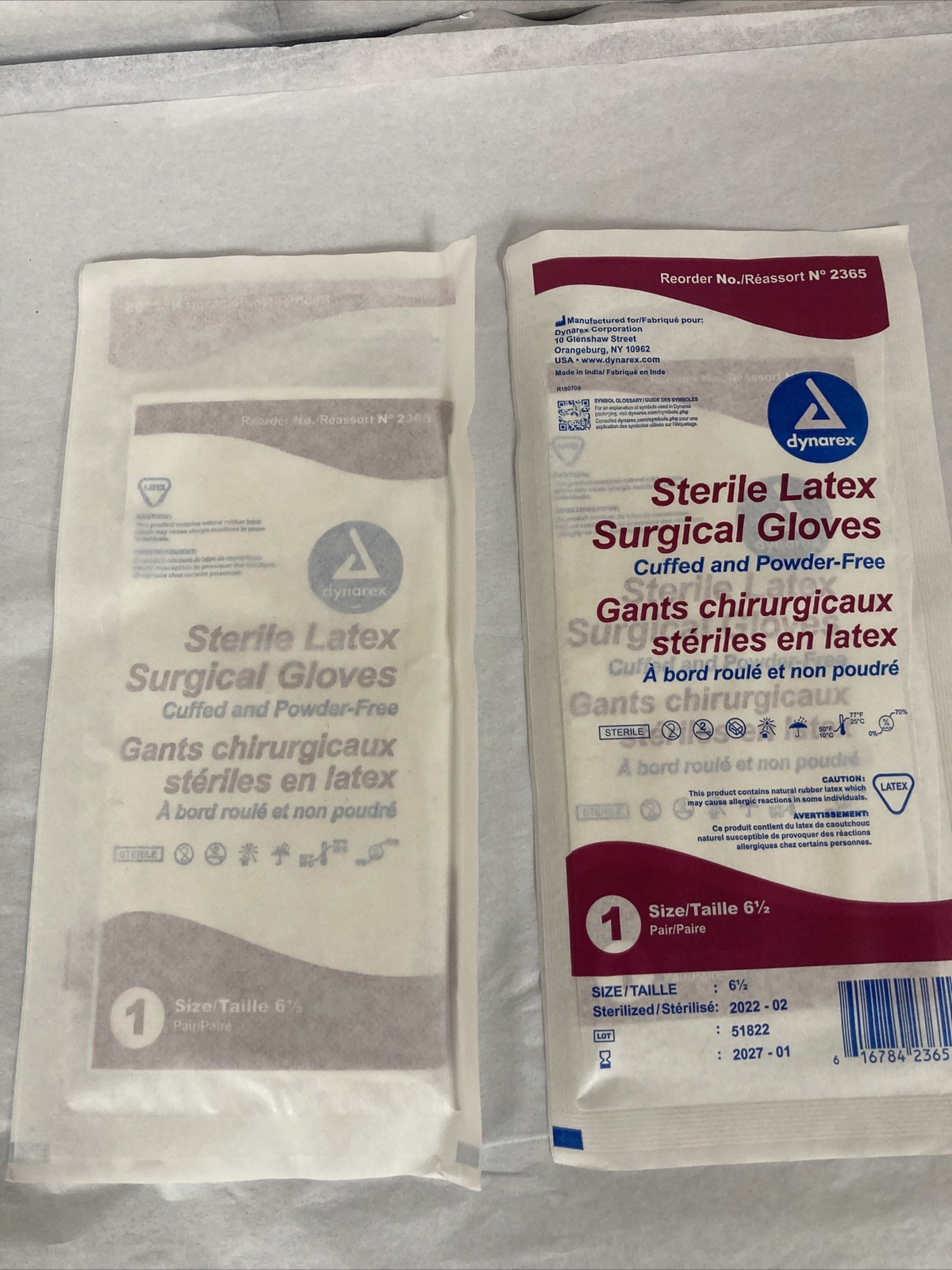 Dynarex #2365 Sterile Latex Surgical Gloves, Size 6.5 – lot of 2 pairs