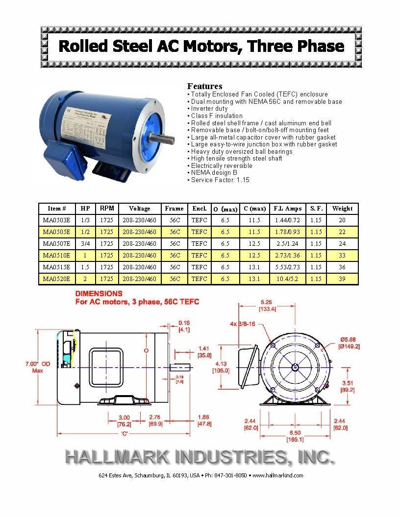 AC MOTOR, 2HP, 1725RPM, 3PH, 206-230V/460V, 56C/TEFC, WITH BASE