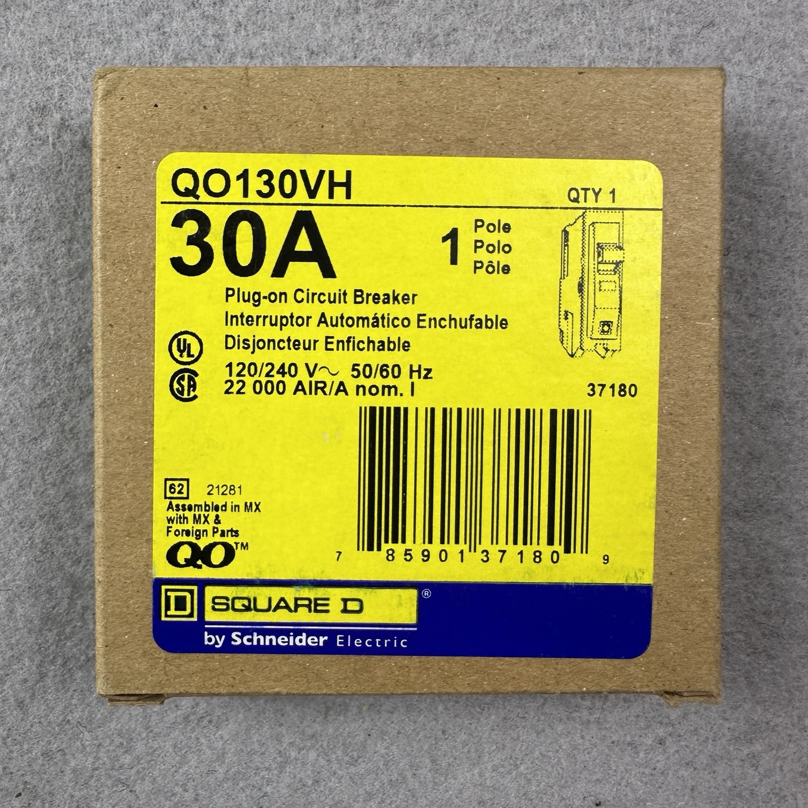 SQUARE D QO130VH 30A 120 V 22kA Circuit Breaker QO Type 1 Pole New in Box