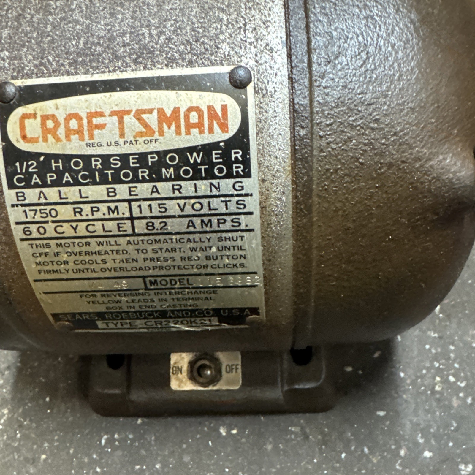 CRAFTSMAN 1/2 Hp Electric Motor 1750 RPM 115V 8.2 AMP Model 115.6962 Read Ad