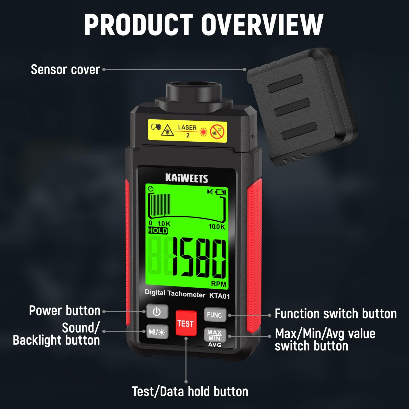 High Accuracy Non-Contact Laser RPM Tachometer, LCD Backlight, Data Hold, 10-999