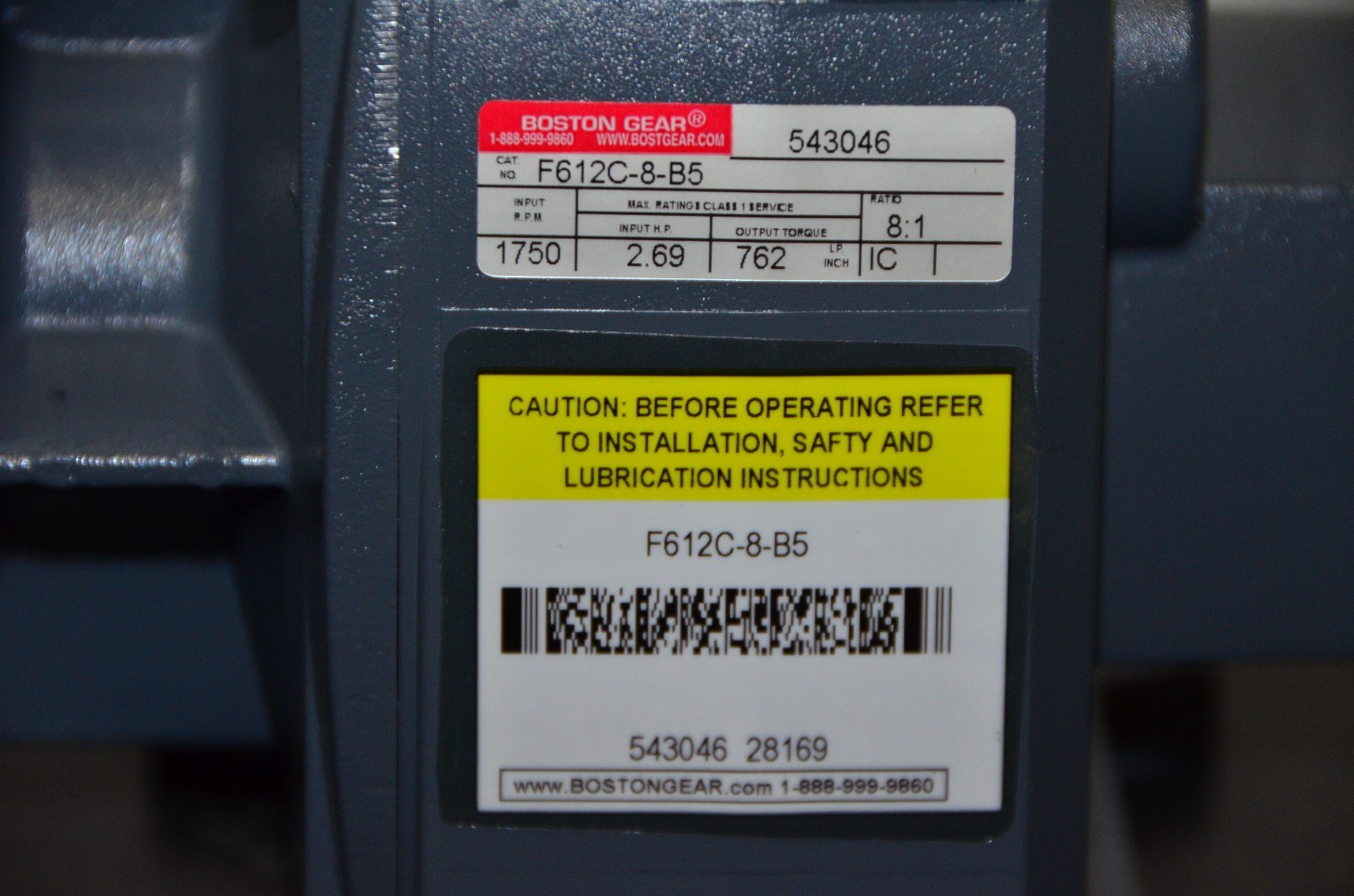 Boston Gear 28169 F612C-8-B5 Speed Reducer 8:1 Ratio 1750 RPM 2.69 IN HP 762 LB