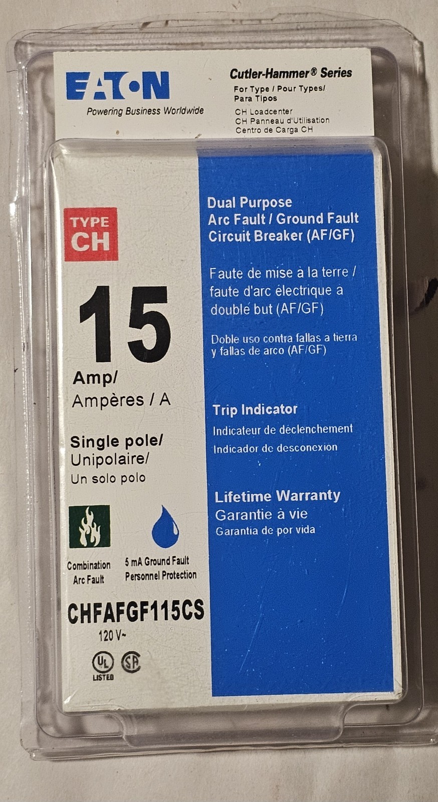 NEW Eaton CHFAFGF115CS 15 Amp 1 Pole – Arc & Ground Fault Circuit Breaker