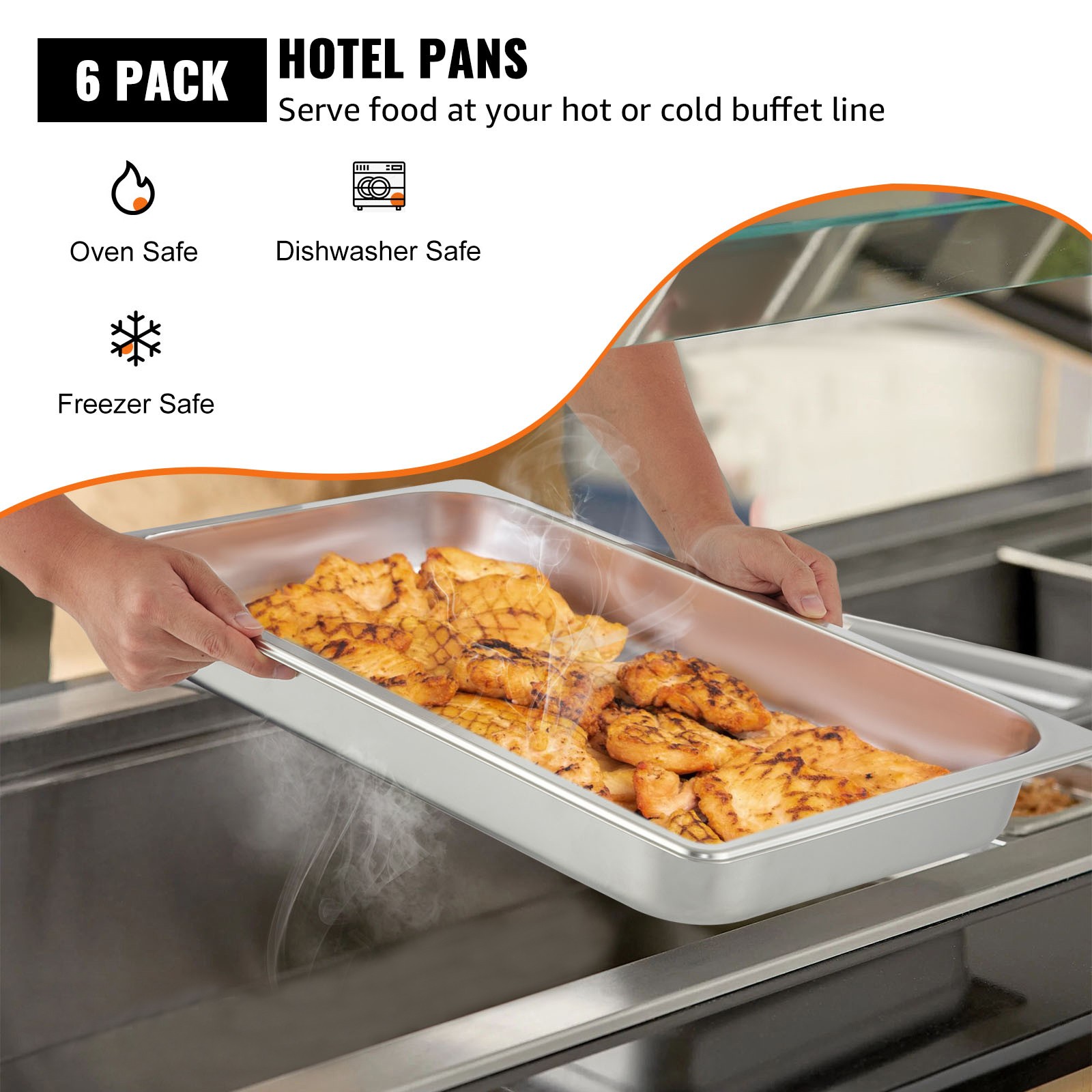 VEVOR 6 Pack 2.5″ Deep Stainless Steel Steam Table Pans Hotel Food Prep Pan