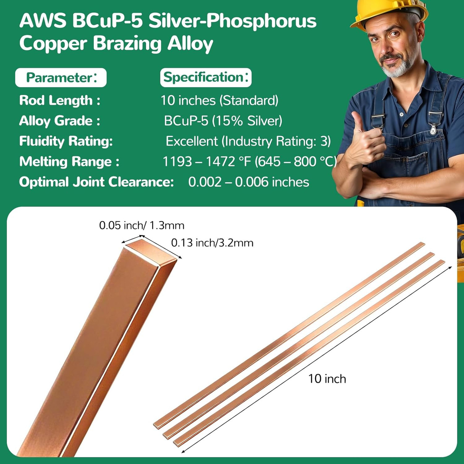 Copper Brazing Rods 15 Silver AWS BCuP-5 0.050×1/8×10 Inches HVAC Refrigeration