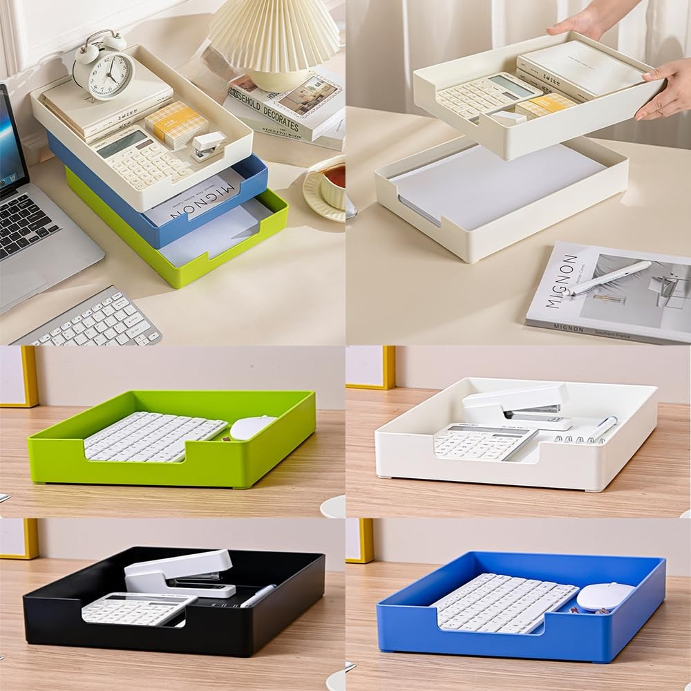 Letter Size Stackable Desk Drawer Organizer Tray, Plastic Paper Holder, Black