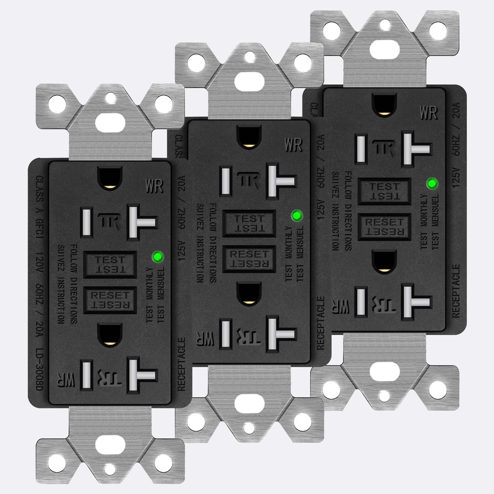 GFCI Outlet 20 Amp duplex Receptacles TR WR with Decor Wall Plates Black 3 Pack