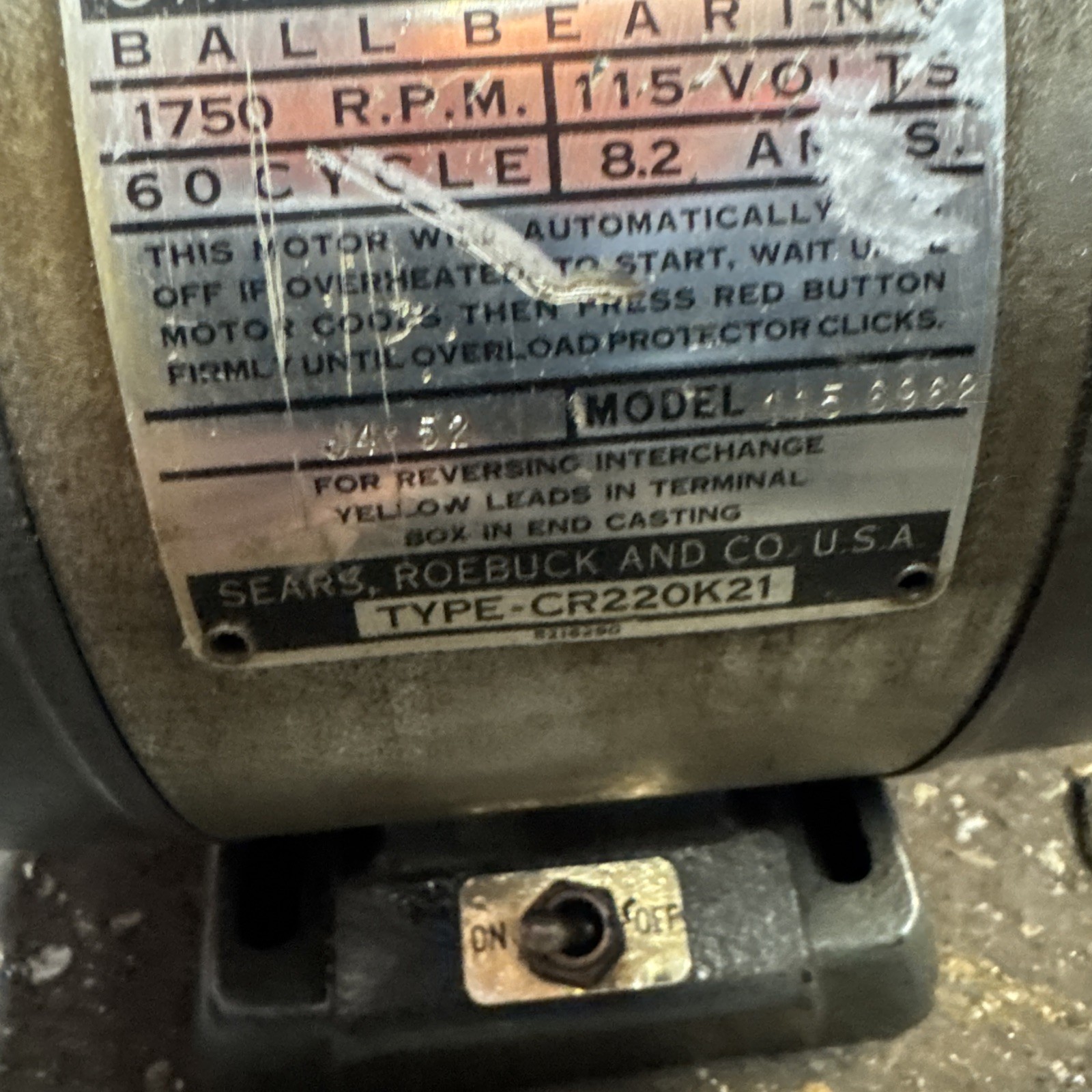 CRAFTSMAN 1/2 Hp Electric Motor 1750 RPM 115V 8.2 AMP Model 115.6962 Read Ad