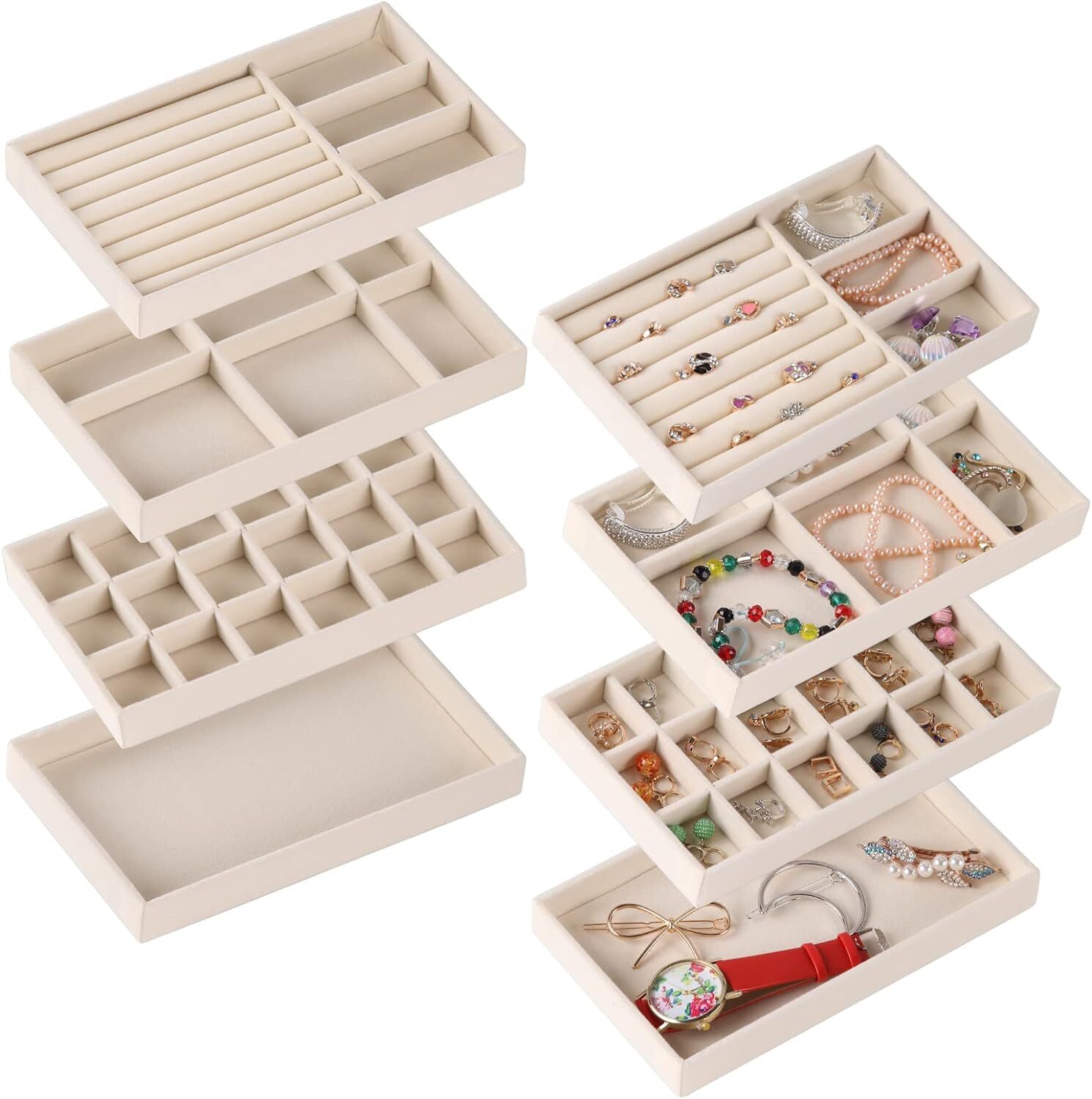 Set of 8 Stackable Jewelry Organizer Trays,Jewelry Drawer Beige