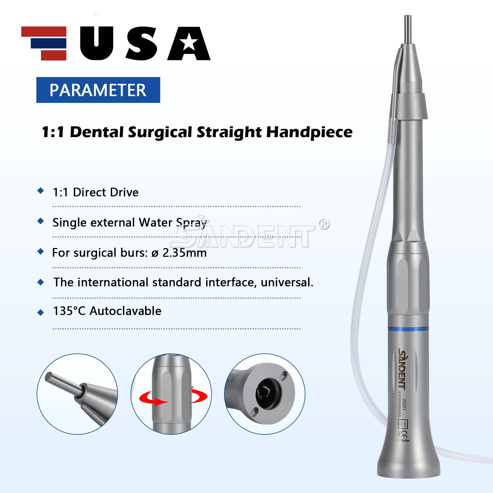 SANDENT Dental Surgical Straight Handpiece 1:1 Direct Drive Micro Surgery E-type