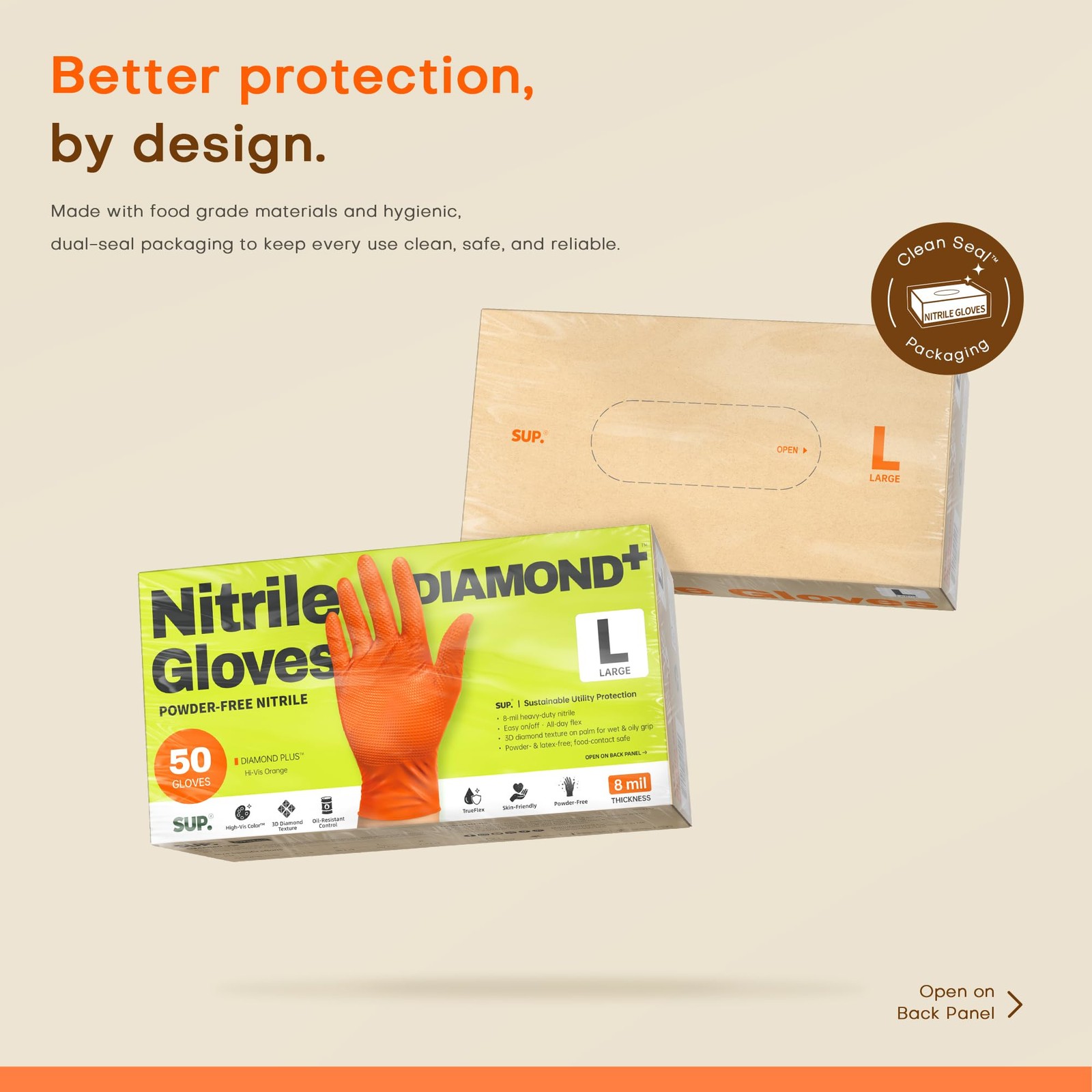 SUPER+ HEAVY DUTY Nitrile Gloves 8 Mil Diamond Texture Large, Large (Orange)
