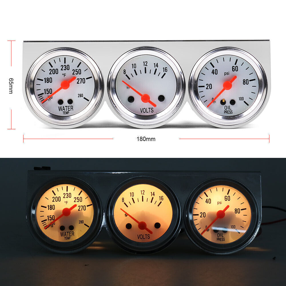 3 in1 52mm 2″ Chrome Car Triple Gauge Set Kit Water Temp Oil Pressure Volt Meter