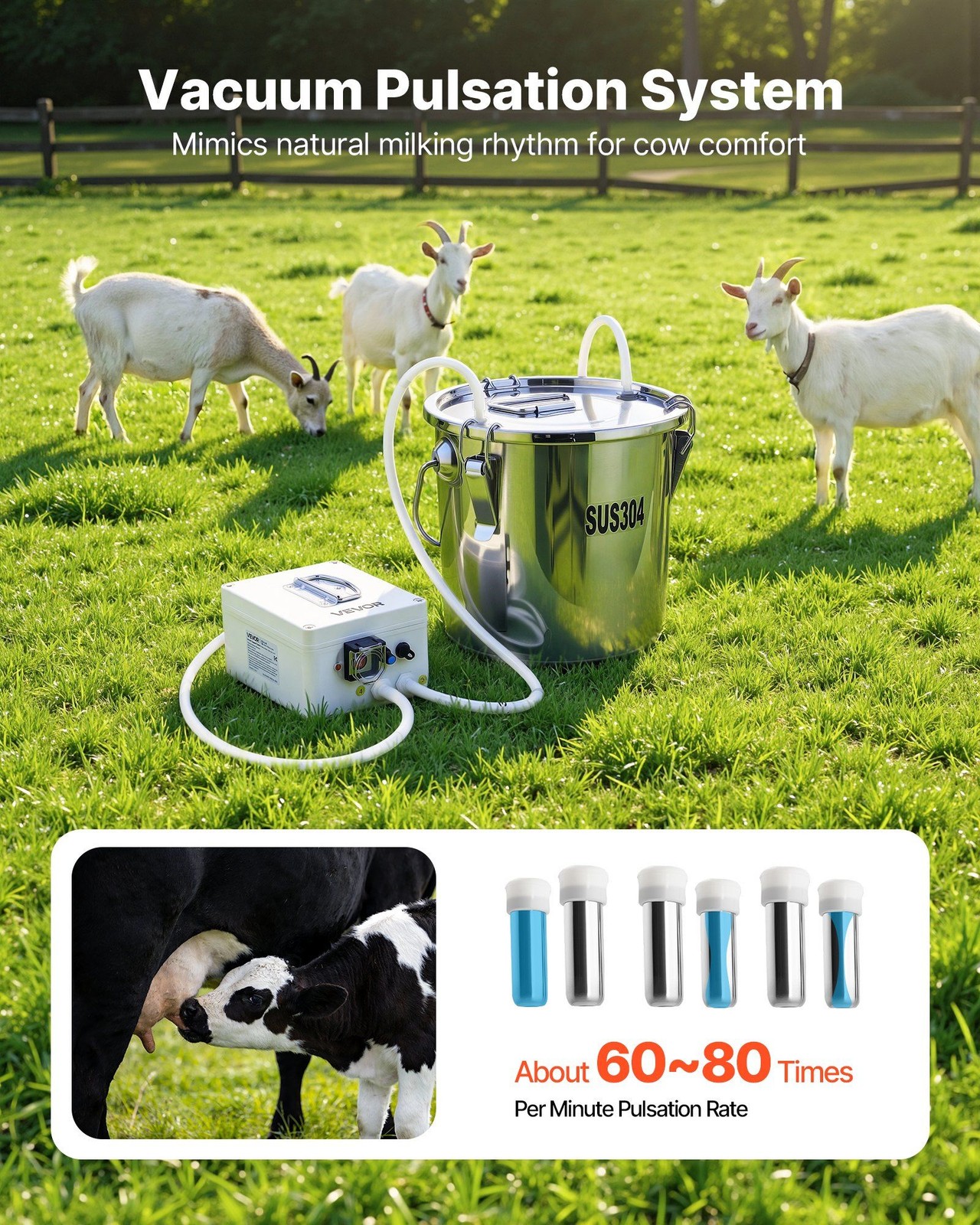 Goat Milking Machine w/ Adjustable Suction (45-50kPa), 12L SS Bucket, Battery