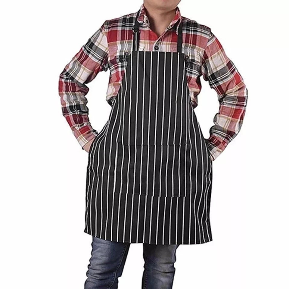 1Pc Adjustable Chef Apron with Two Pockets Striped Kitchen Bib for Men and Women