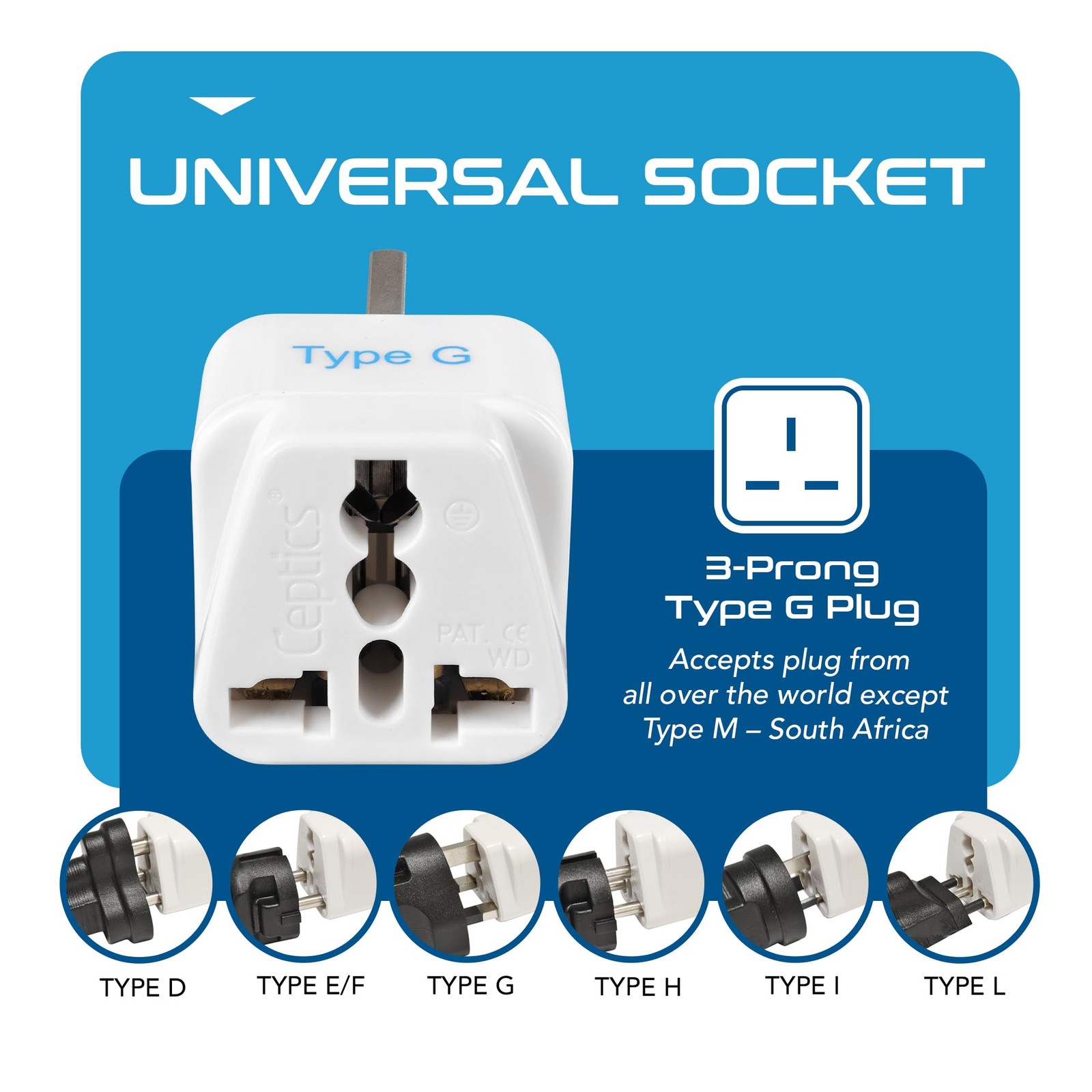 Ceptics UK, Hong Kong, Ireland, UAE Travel Plug Adapter (Type 3 Pack, White