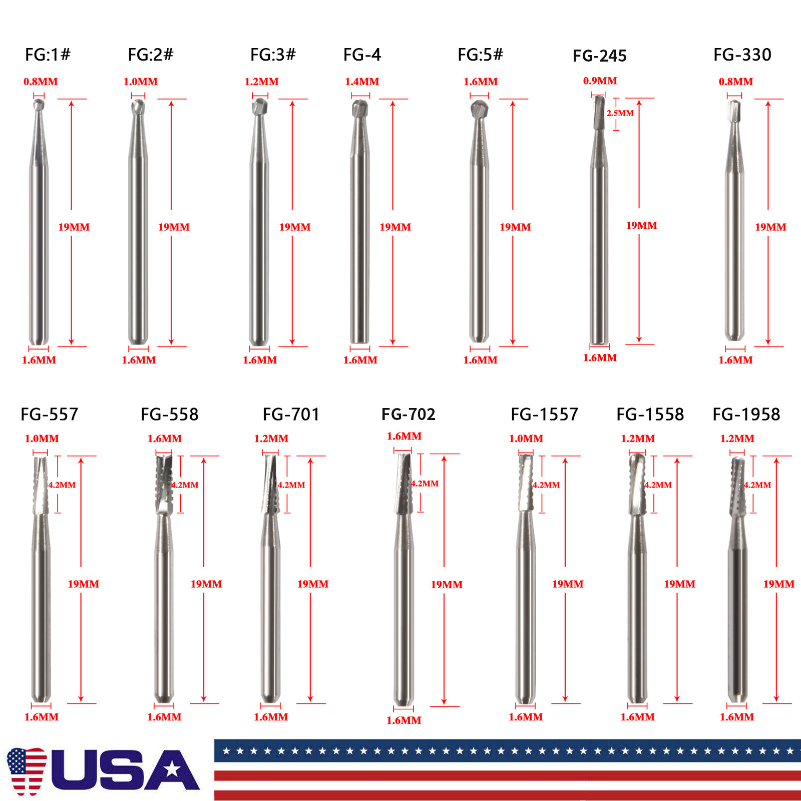 10-100 PCS Dental Lab Clinic Burs Shank Carbide Round Friction Grip FG Bur pa