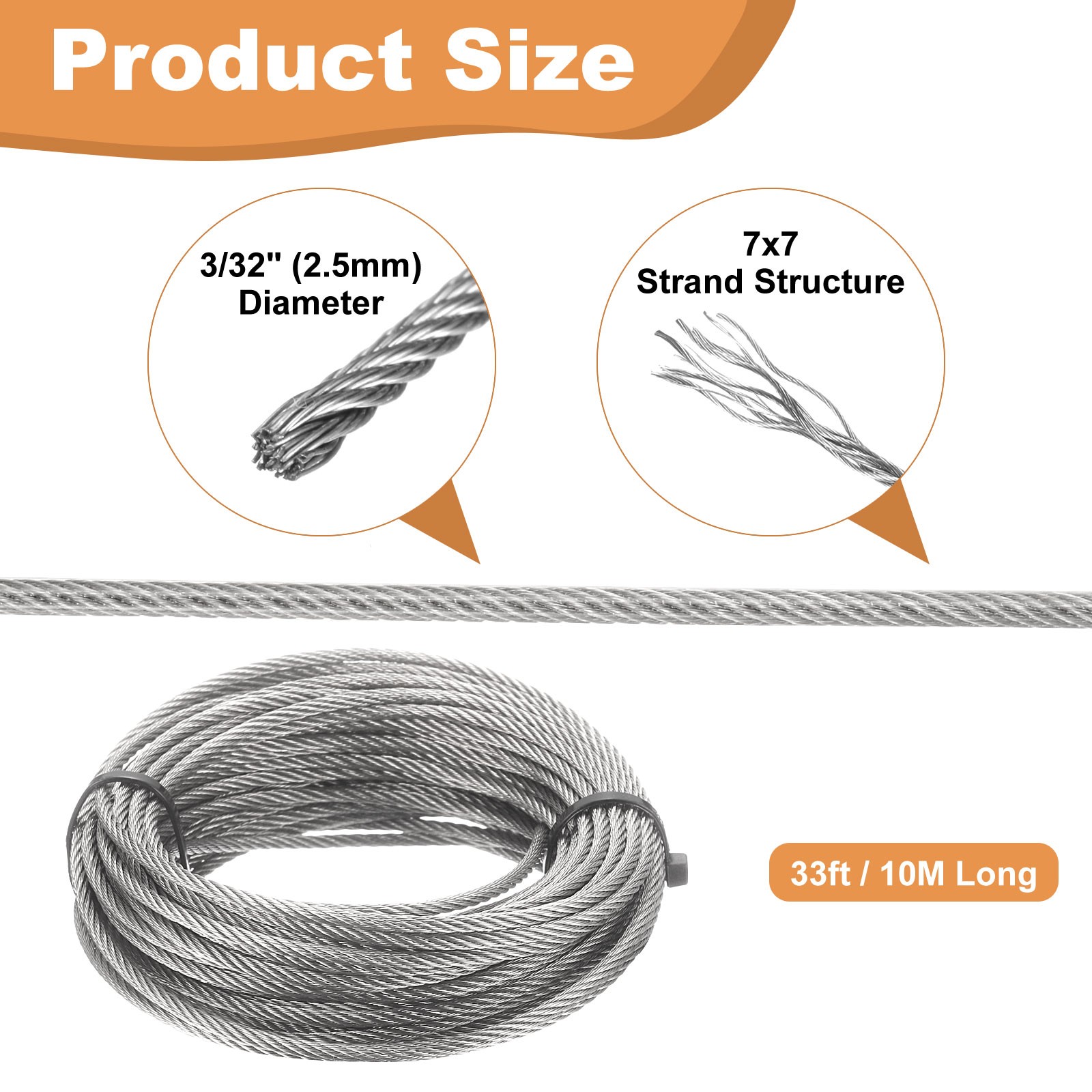 33ft (10M) 2.5mm Stainless Steel Wire Rope 7×7 Strand with 20pcs Loop Sleeves