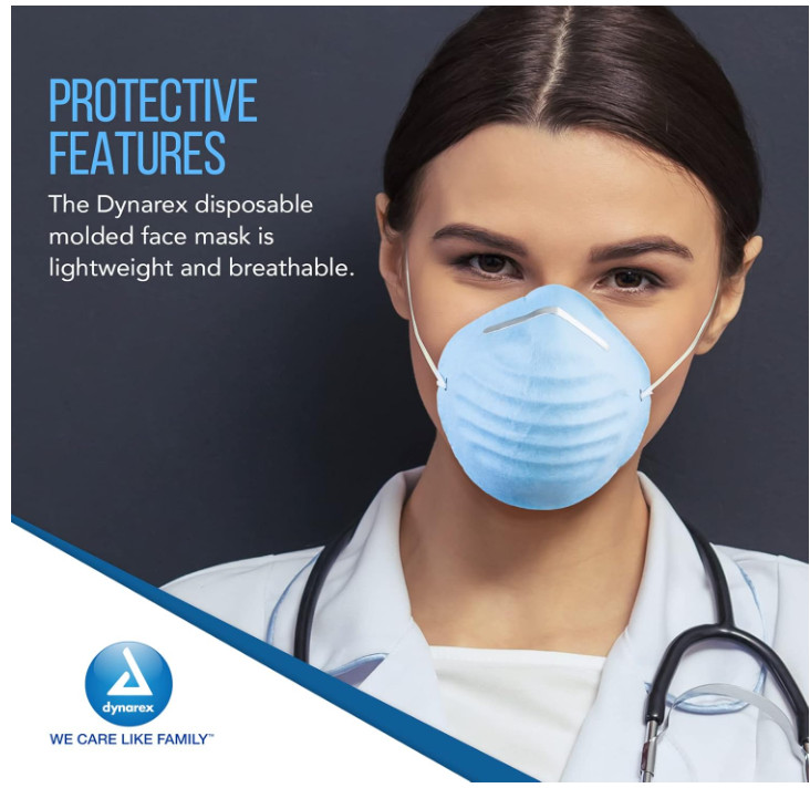 Dynarex Molded Face Mask, Fiberglass-free Adjustable, Blue, 1 Box of 50 Molded