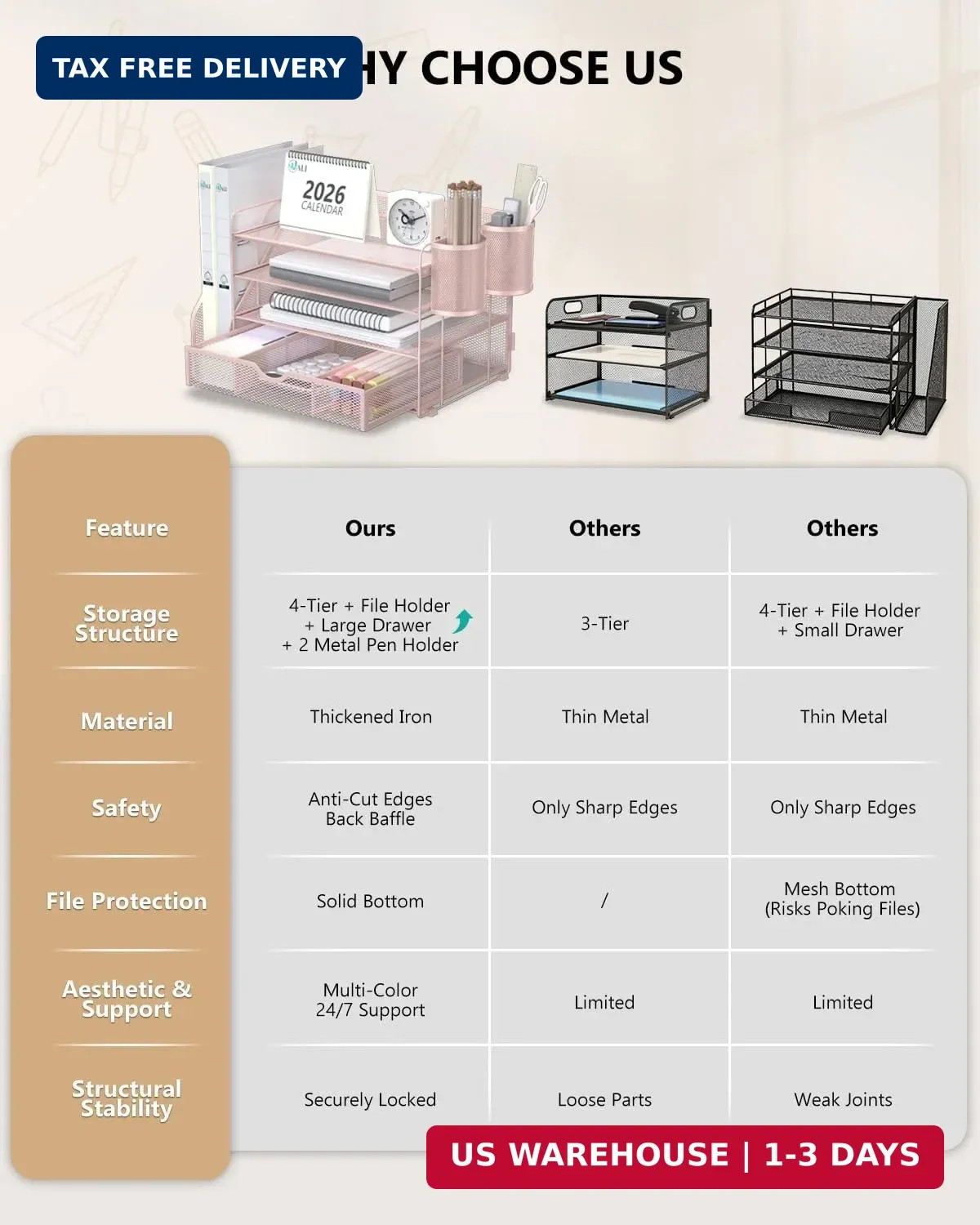4 Tier Desktop File Organizer Letter Tray with Drawer Pen Holders Pink Office