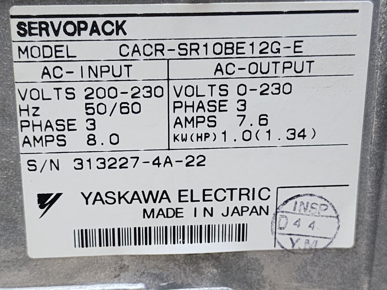 CACR-SR10BE12G-E YASKAWA SERVOPACK 7.3A 1KW