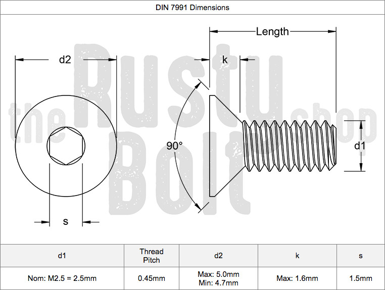 M2.5 x 6mm, Socket Flat Head Screws, 10.9 Steel, Blank Zinc