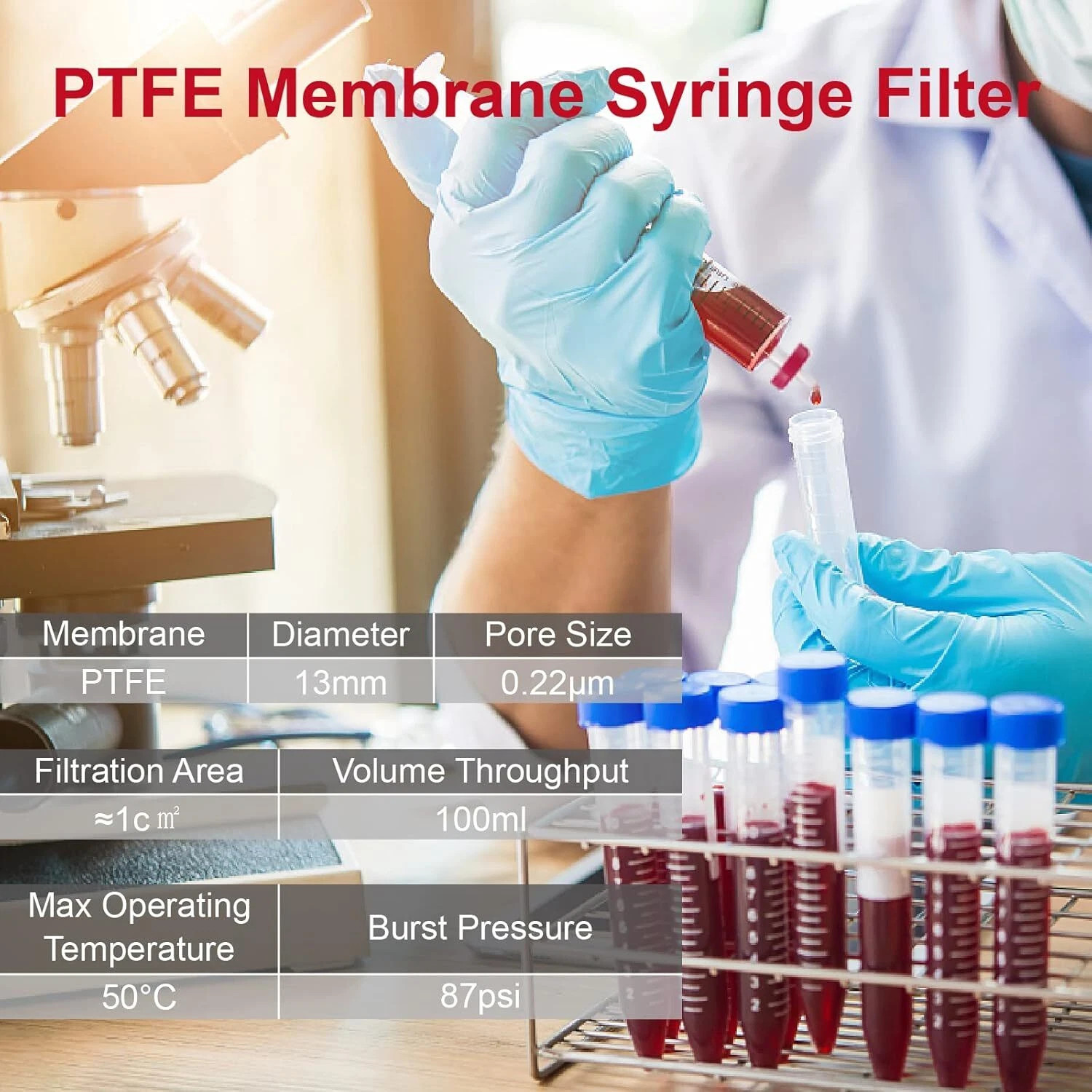 100PCS Syringe Filter PTFE Sterile Hydrophobic Filter 0.22um Membrane 13mm Pore