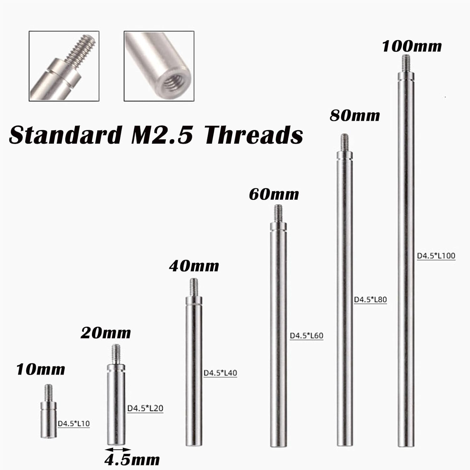 6Pcs Dial Indicator Extension Stem Rod Set,10 20 40 60 80 100Mm Long Extend Rod.