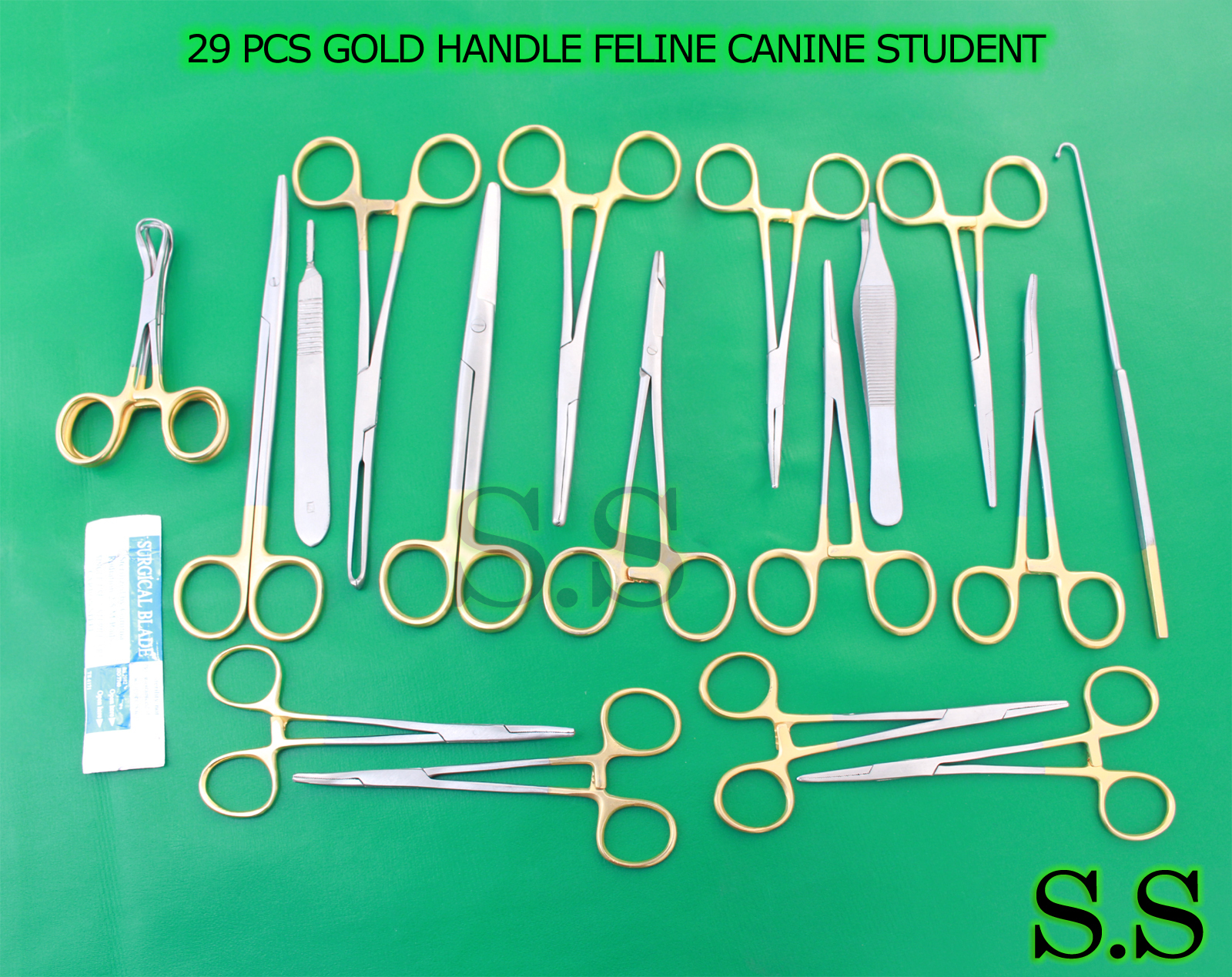 29 PCS GOLD HANDLE FELINE CANINE STUDENT DISSECTION SPAY PACK KIT + BLADES #12
