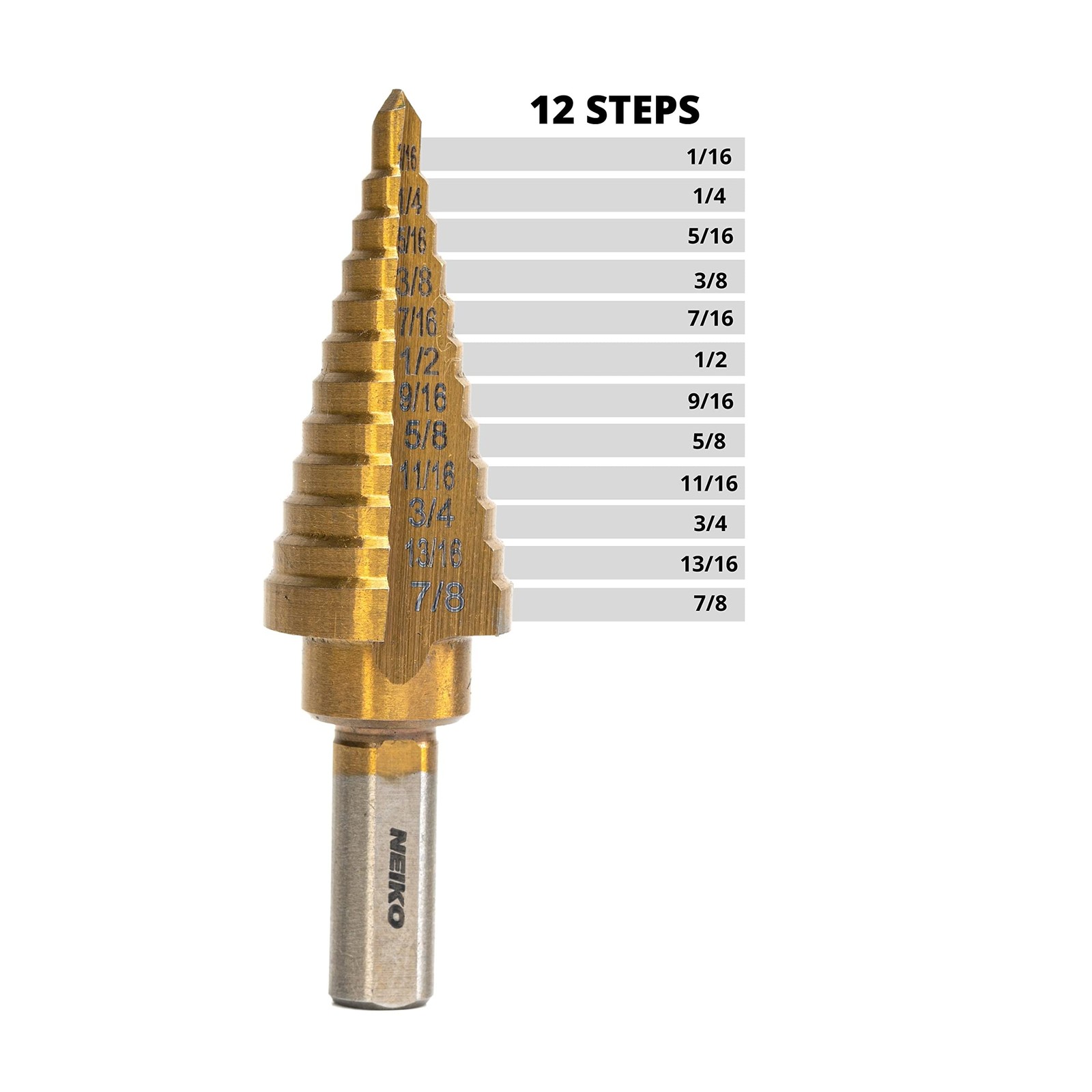 NEIKO 10185A Titanium Step Drill Bit, High-Speed Alloy-Steel Tri-Flat Shank