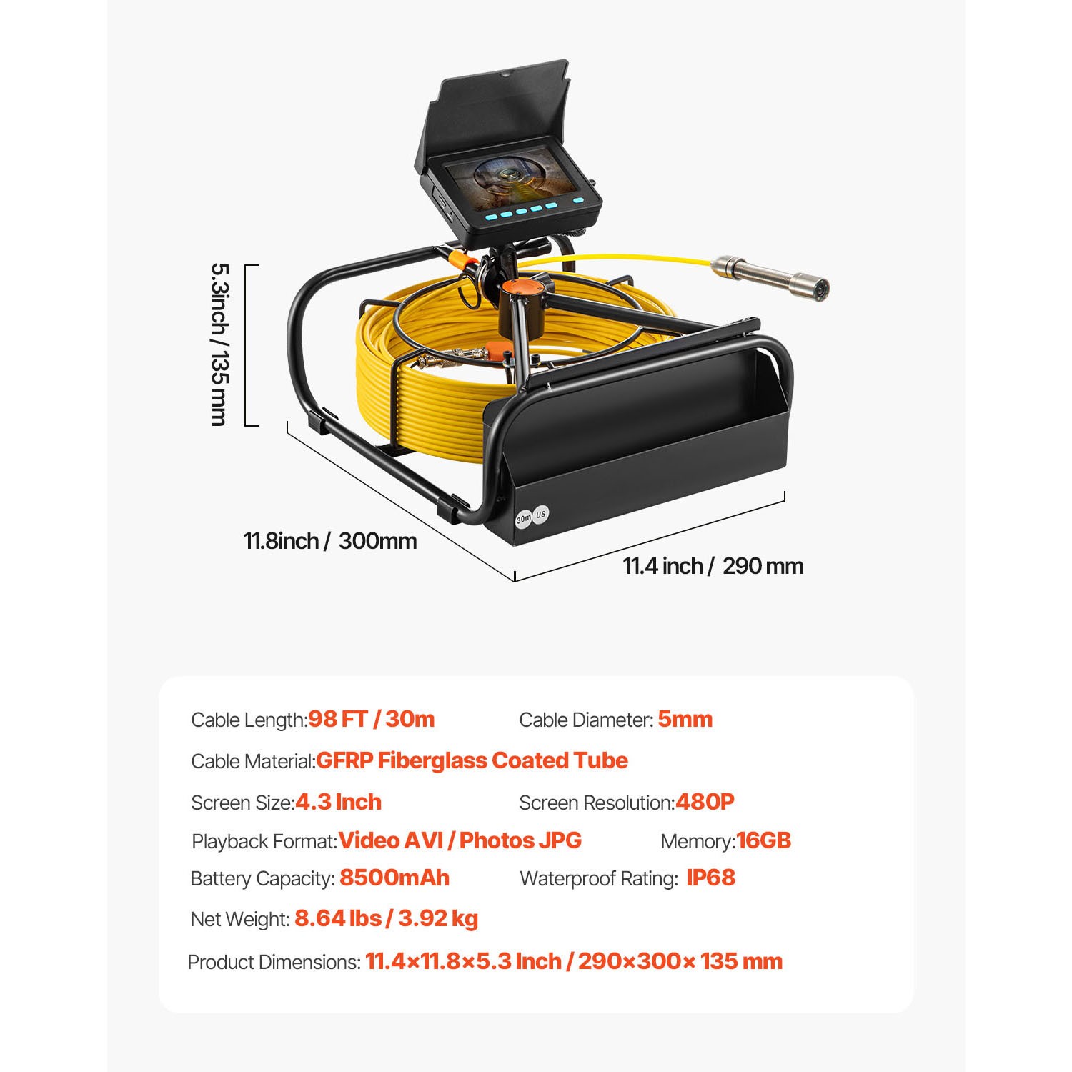 VEVOR Sewer Camera 98.4ft/30m Pipe Inspection Camera HD Drain 4.3 In LCD Monitor