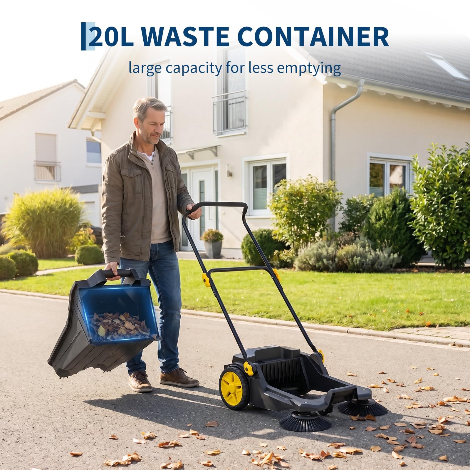Garvee Walk Behind Hand Push Floor Sweeper 25.6″ Width 5 Gallon Waste Container