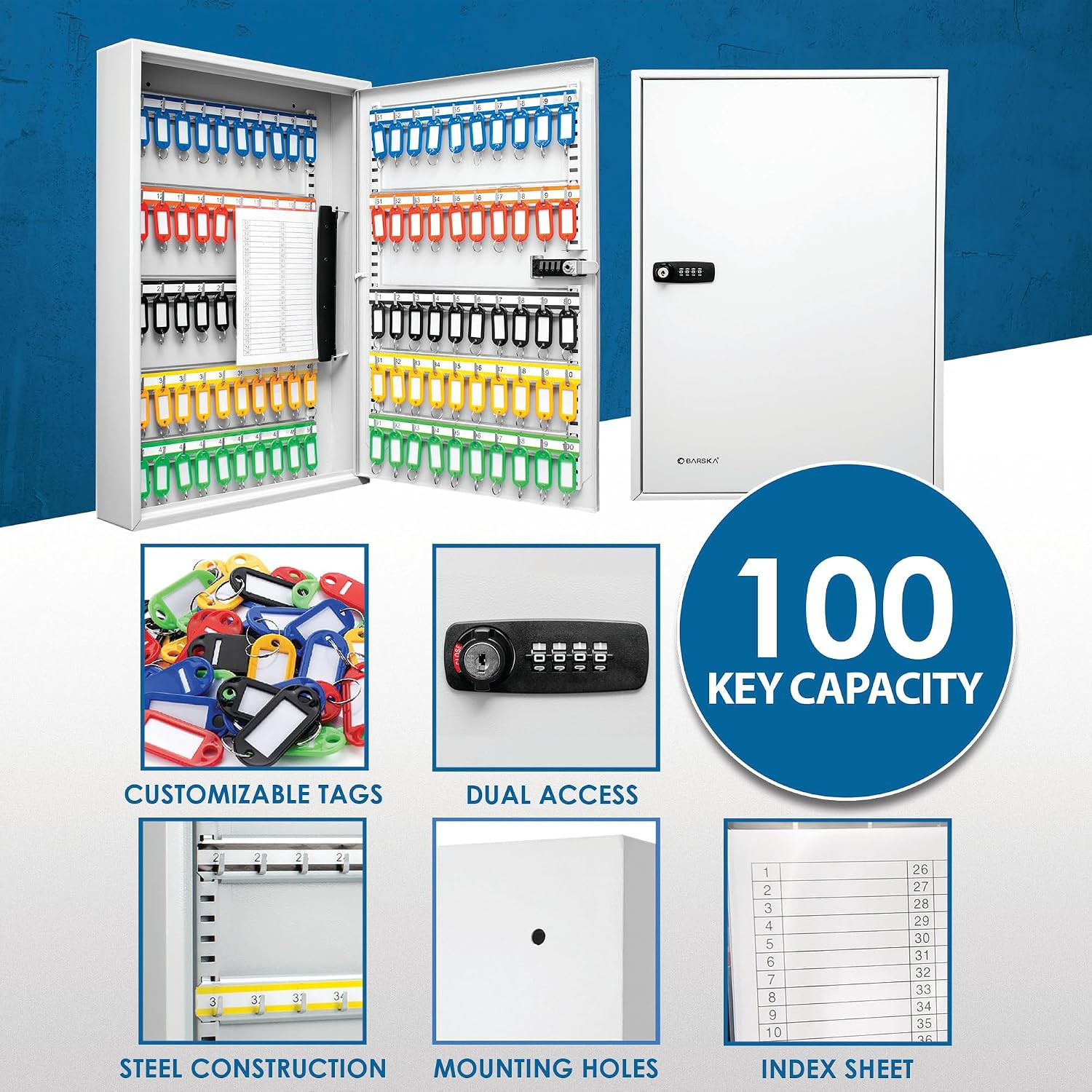 100 Position Combination Key Lock Box – Wall Mount Steel Key Cabinet with Adjust