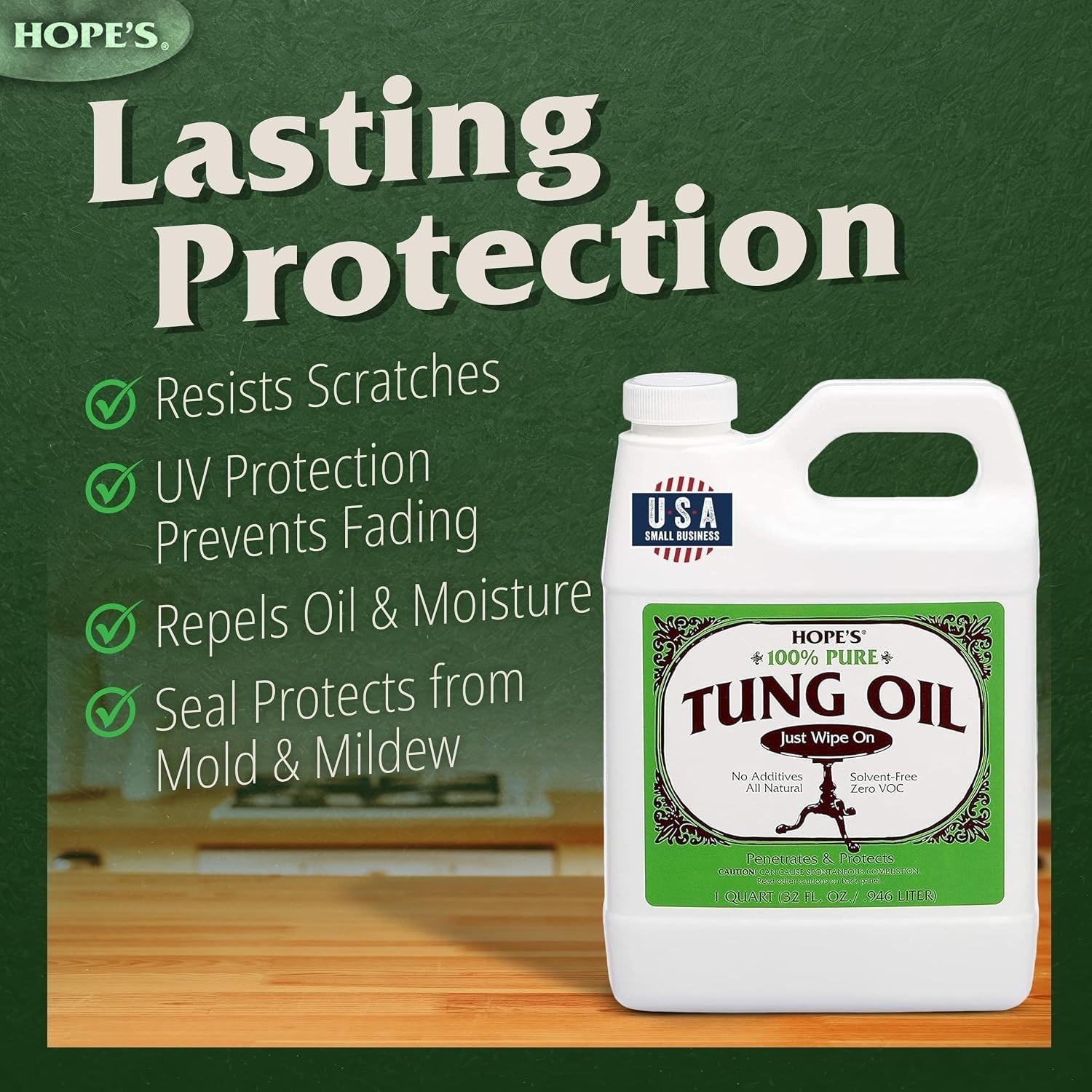 100% Pure Tung Oil, Food Safe, Premium Waterproof Natural Wood Finish and