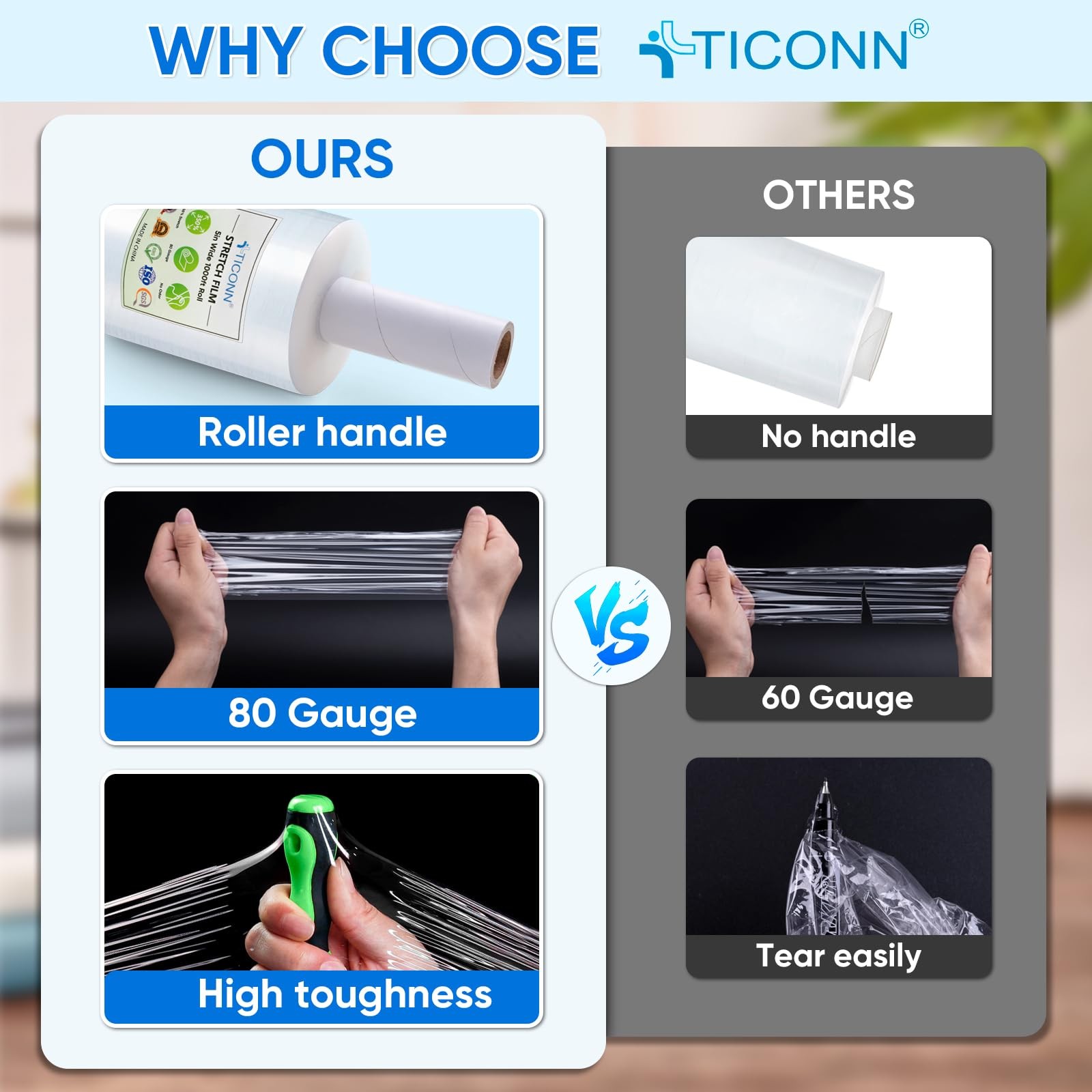 TICONN Stretch Wrap Film Roll, 1000ft Industrial 5»-1PK, Clear
