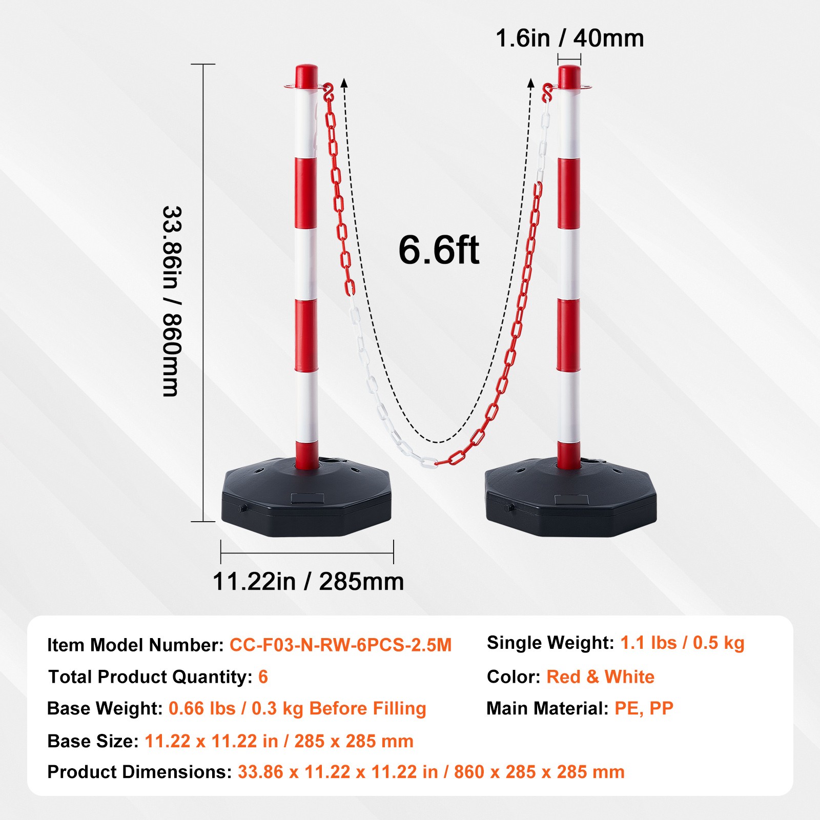 VEVOR 6PCs Traffic Delineator Post Cones with Fillable Base 6.6 FT Chain