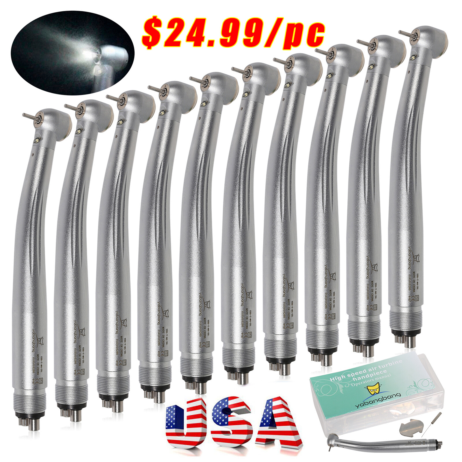 YBM/YBB Dental LED E-generator High Speed Handpiece Push Button Turbine USA