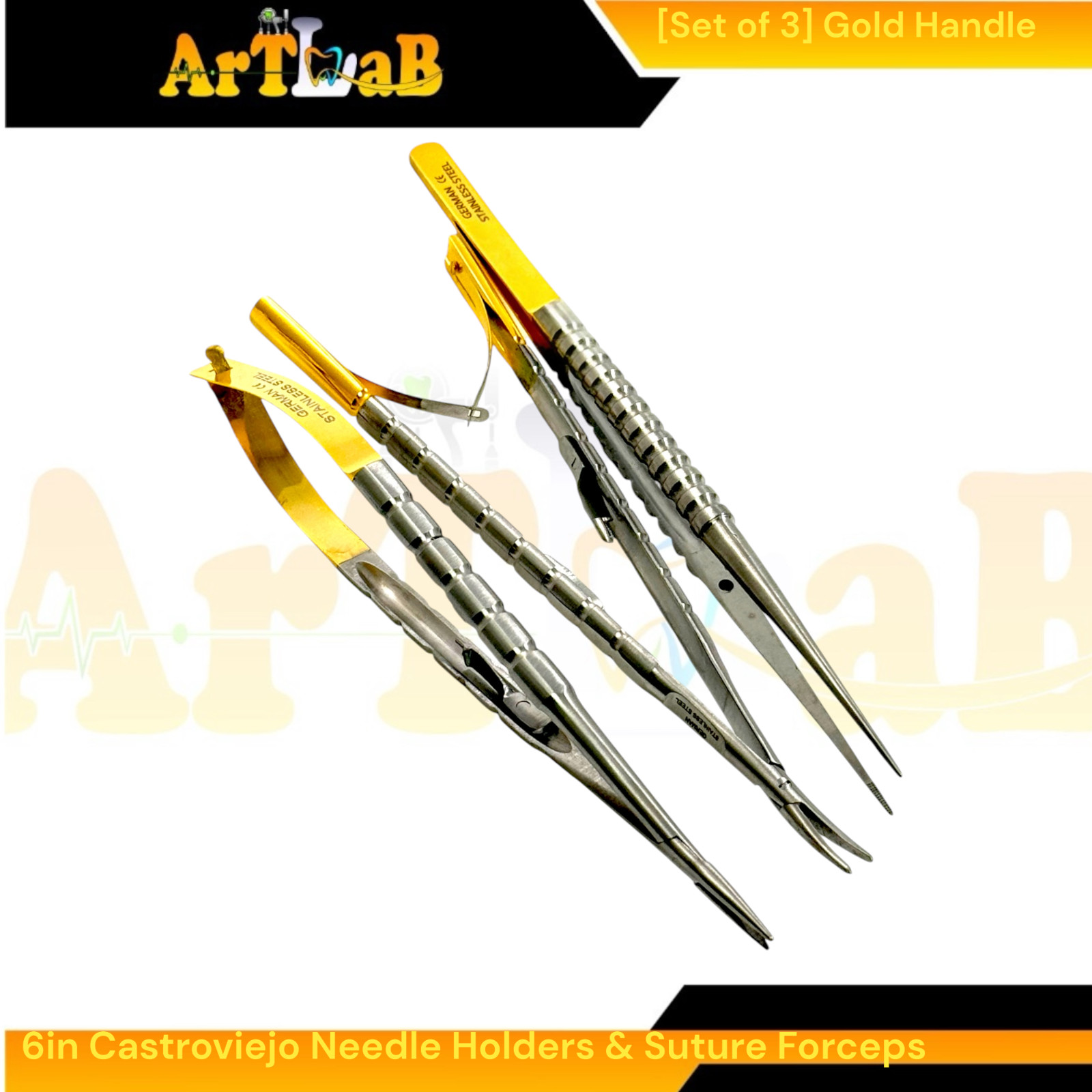 Set of 3 Castroviejo Needle Drivers Cur & Str + Suture Tying Forceps w/Guide Pin