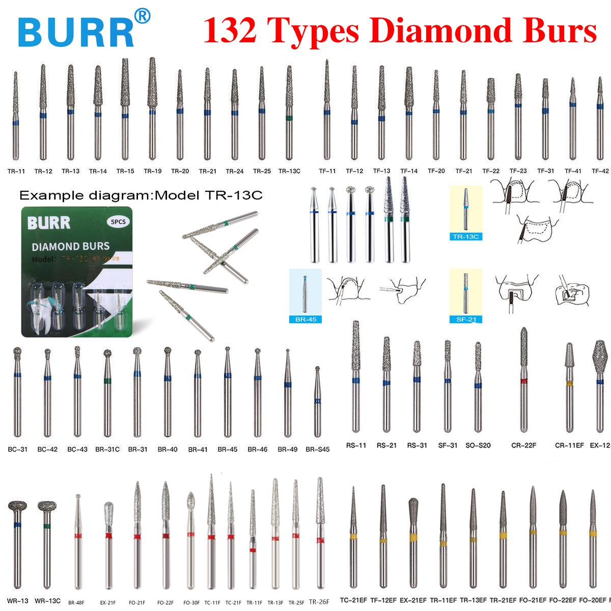100pcs SANDENT Dental Diamond Burs For High Speed Handpiece Friction Grip 1.6mm