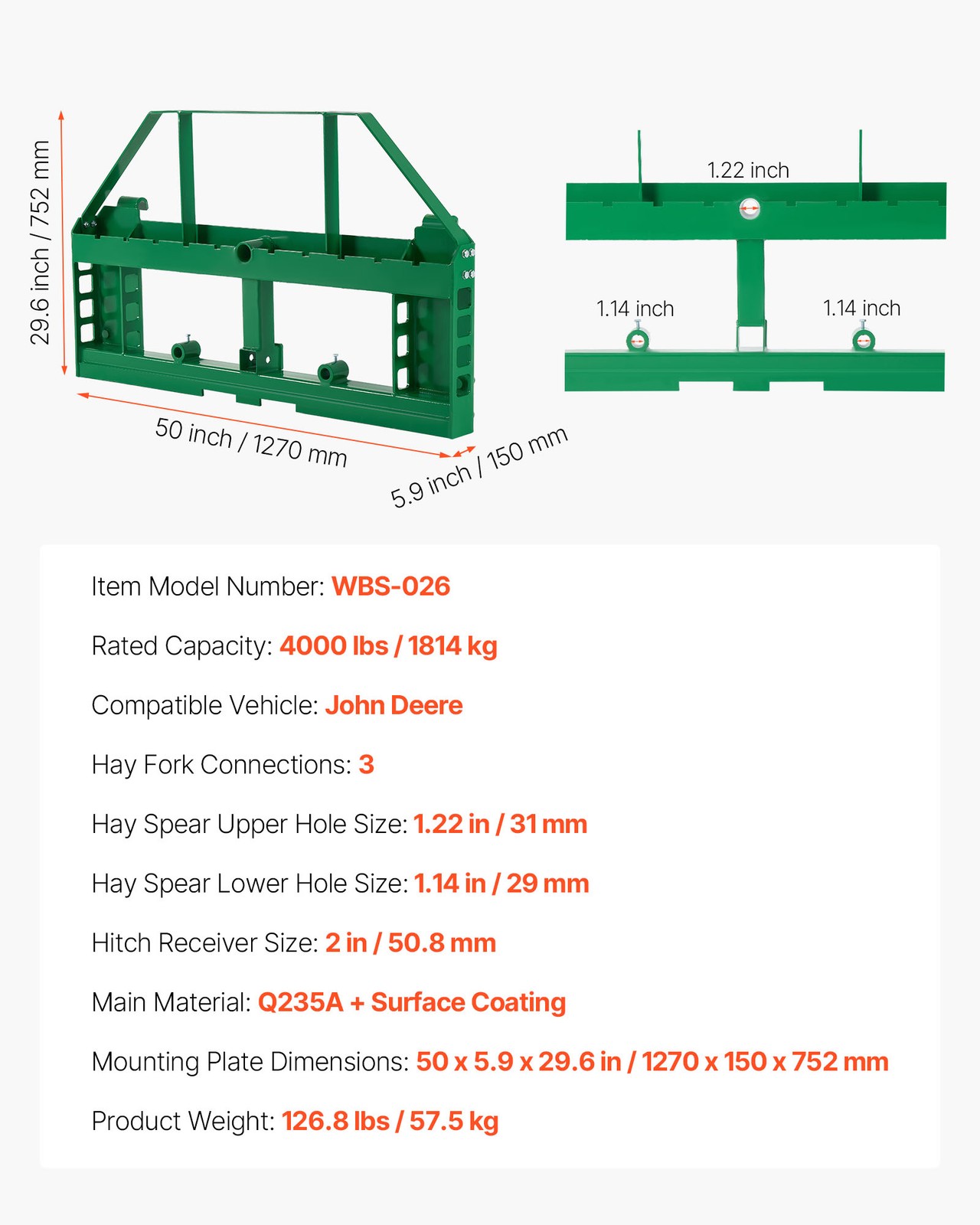 VEVOR Skid Steer Pallet Frame with Hitch Receiver & Spear Sleeves for JD Loaders