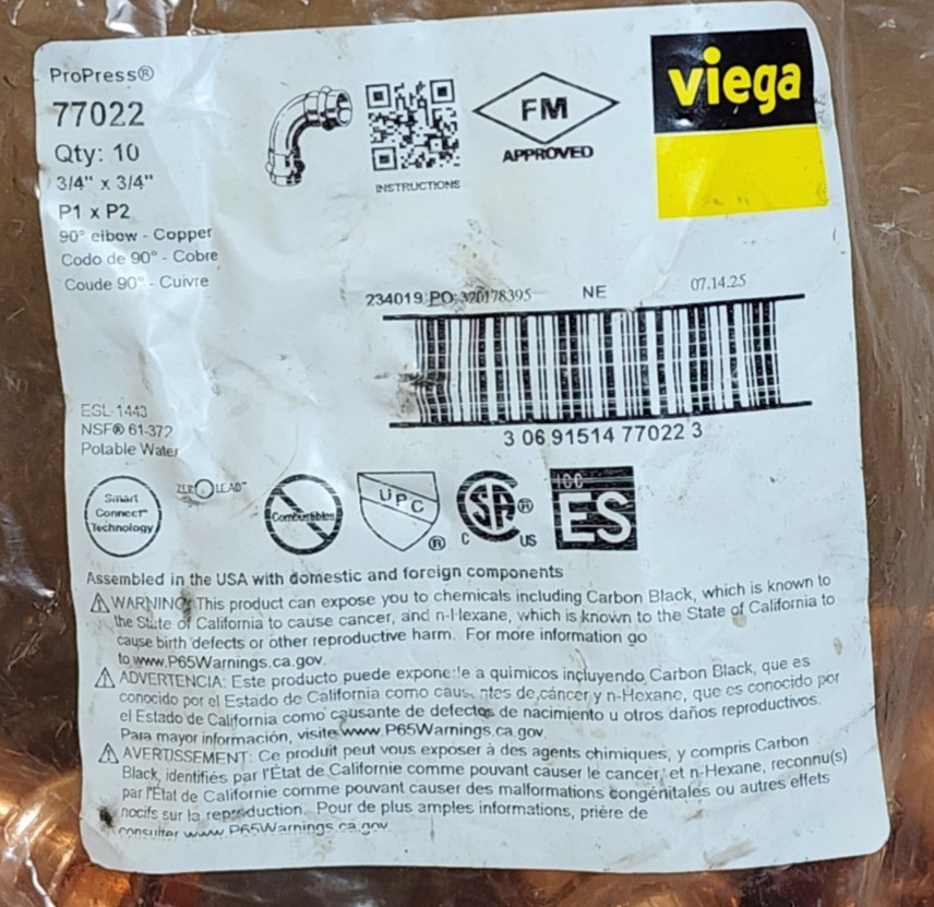 Viega 77022 ProPress 3/4″ x 3/4″ 90° Copper Elbow (Bag of 10)