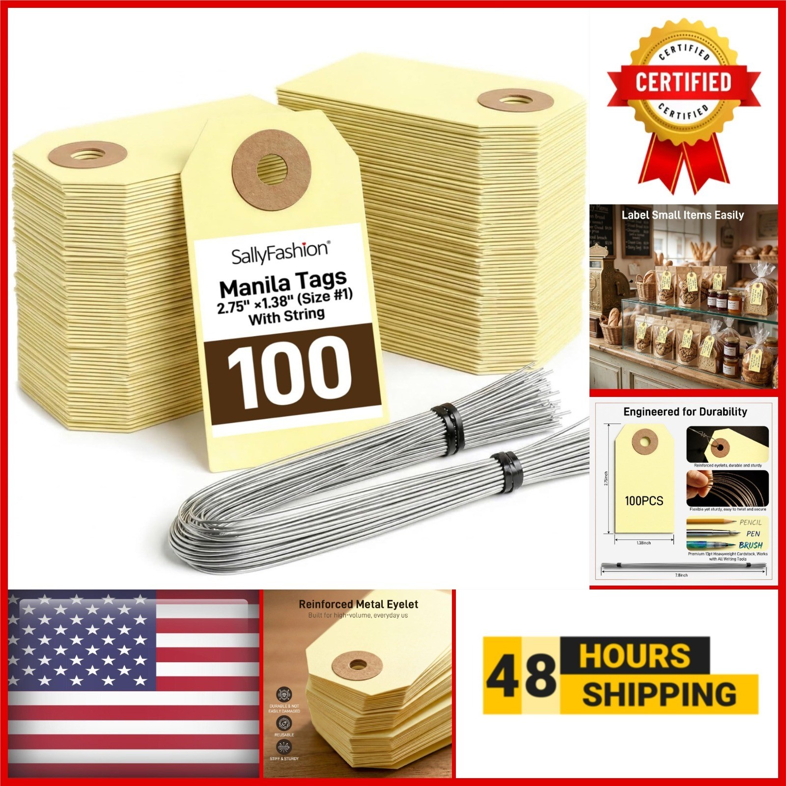 100 Pack Manila Shipping Tags with Wire – Heavy-Duty Inventory Labels