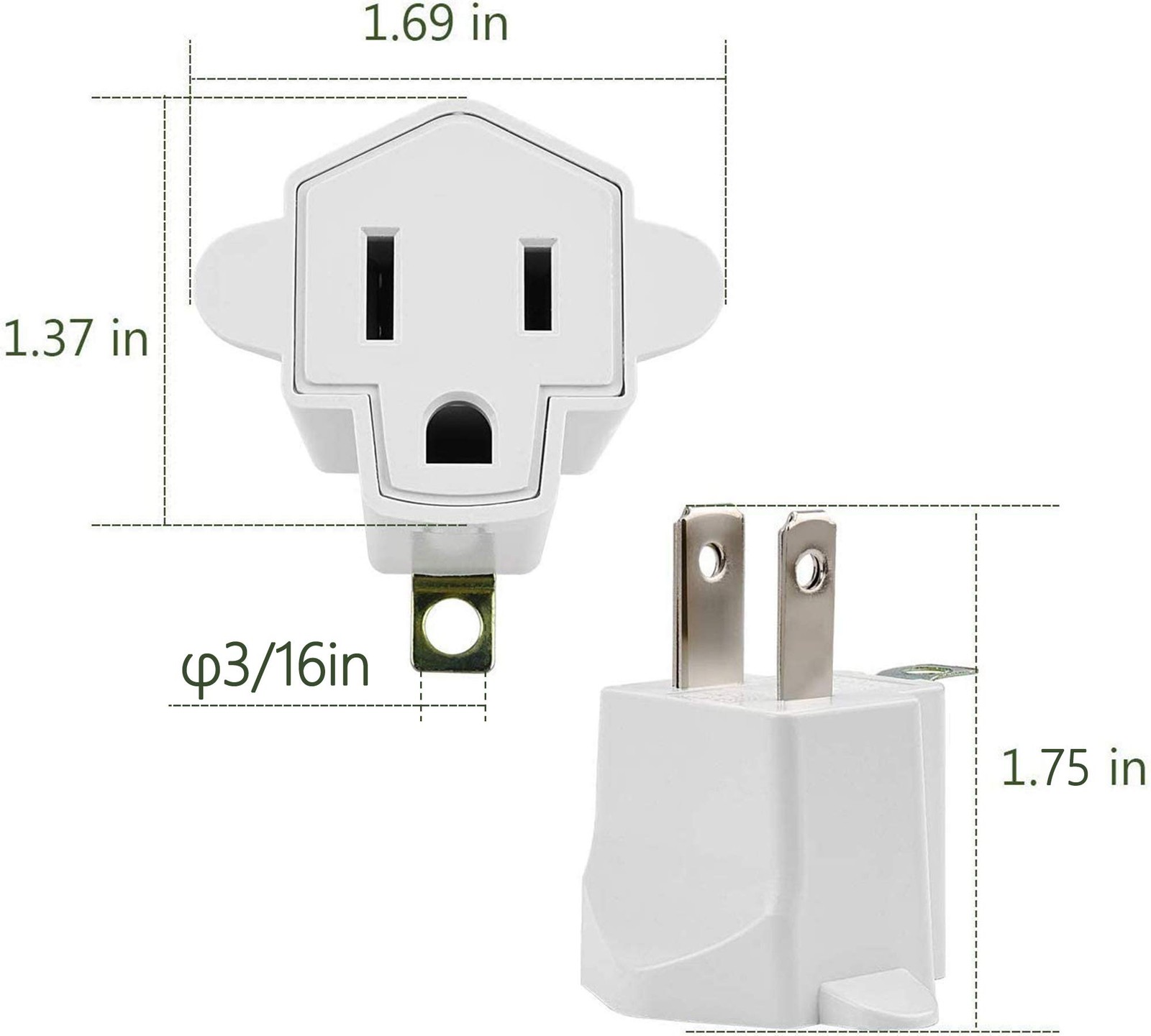 2 Pack ETL Listed 3 Prong to 2 Adapter, JACKYLED 2 Pack, A-Ivory White